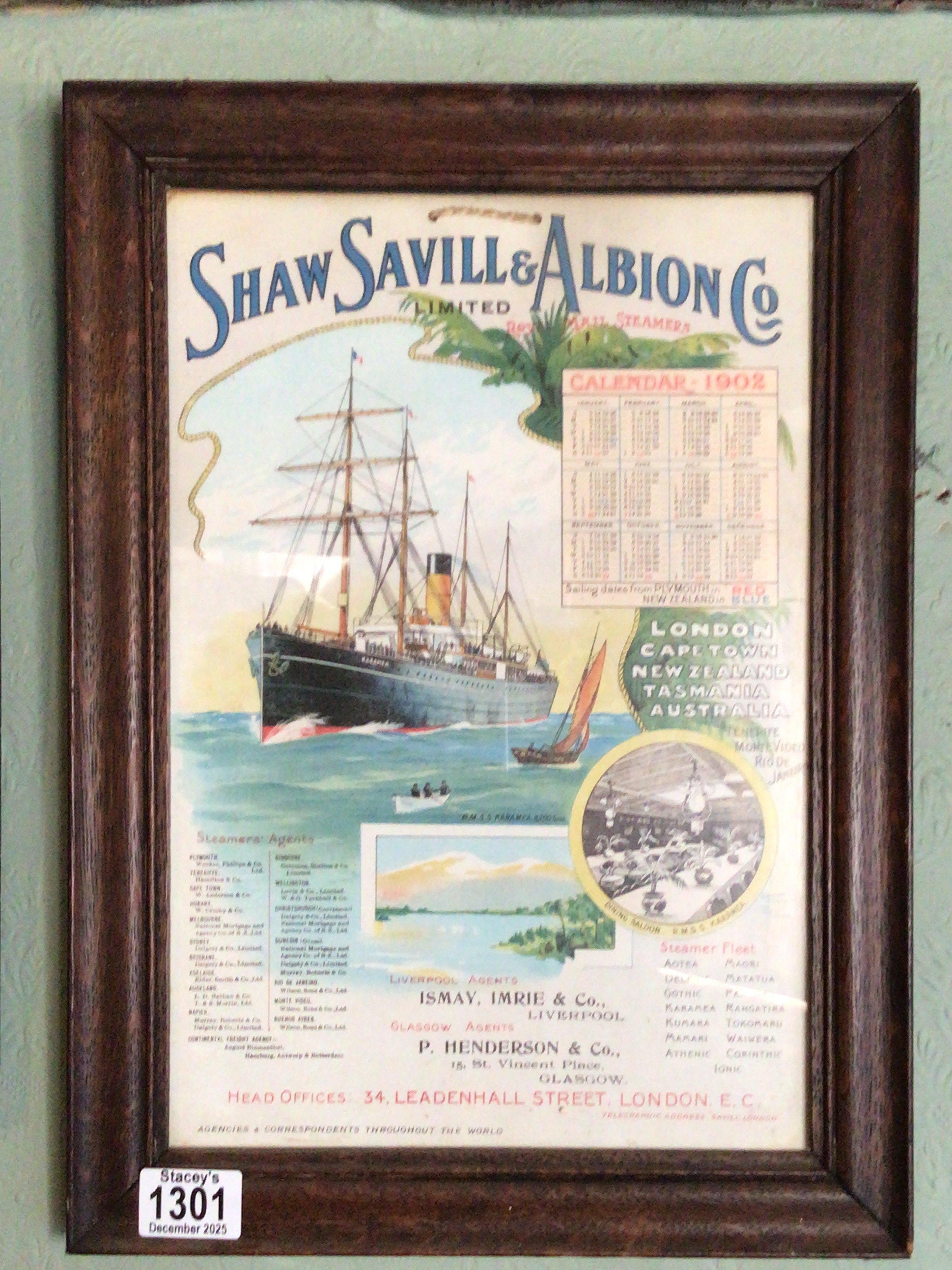An Original 1902 Marine Shaw Savill & Albion Royal Mail with Calendar. 44cm x32cm