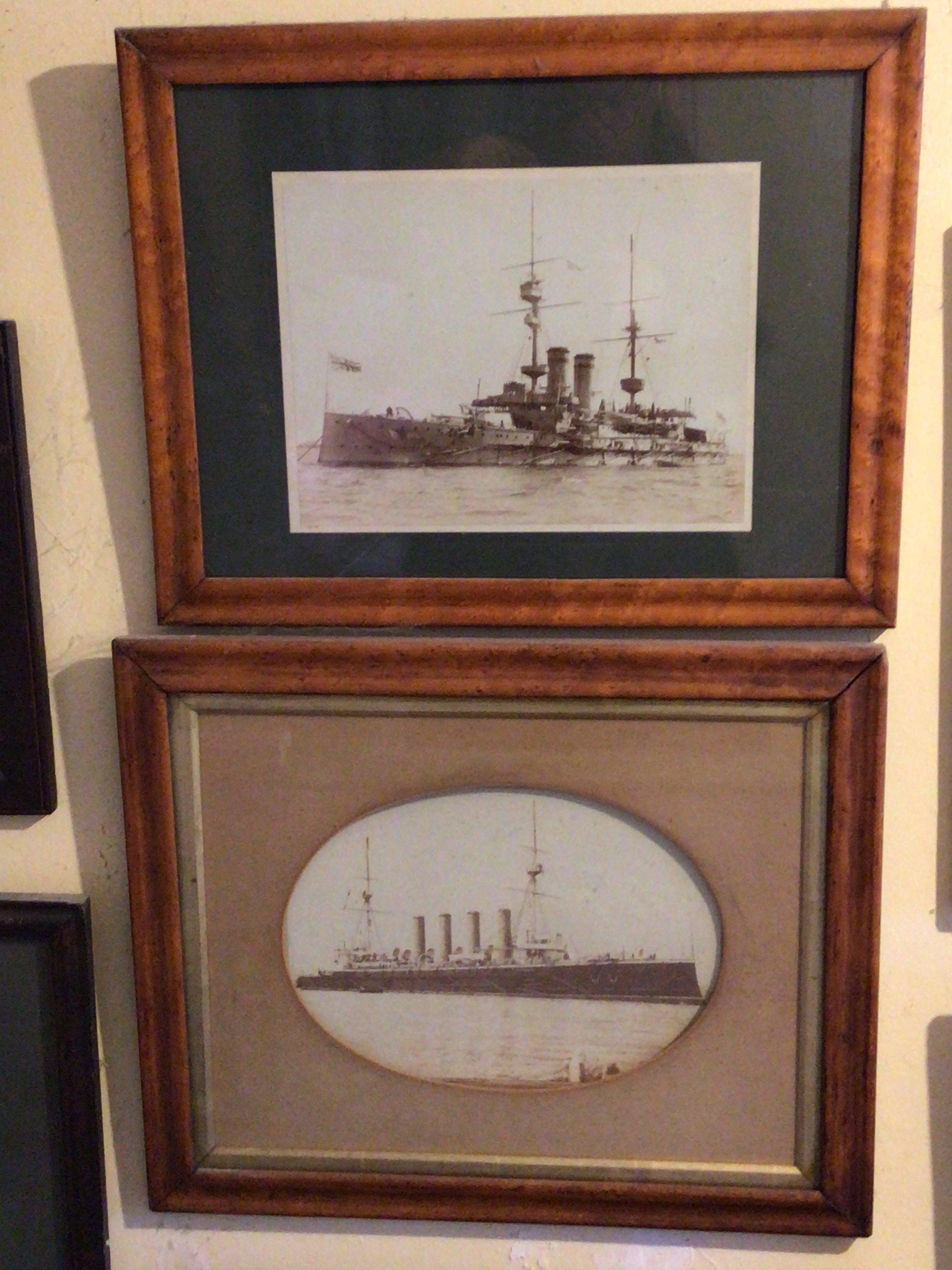 Eleven late 19th and early 20th century framed photographs and pictures of Marine Shipping steam ships battle ships .