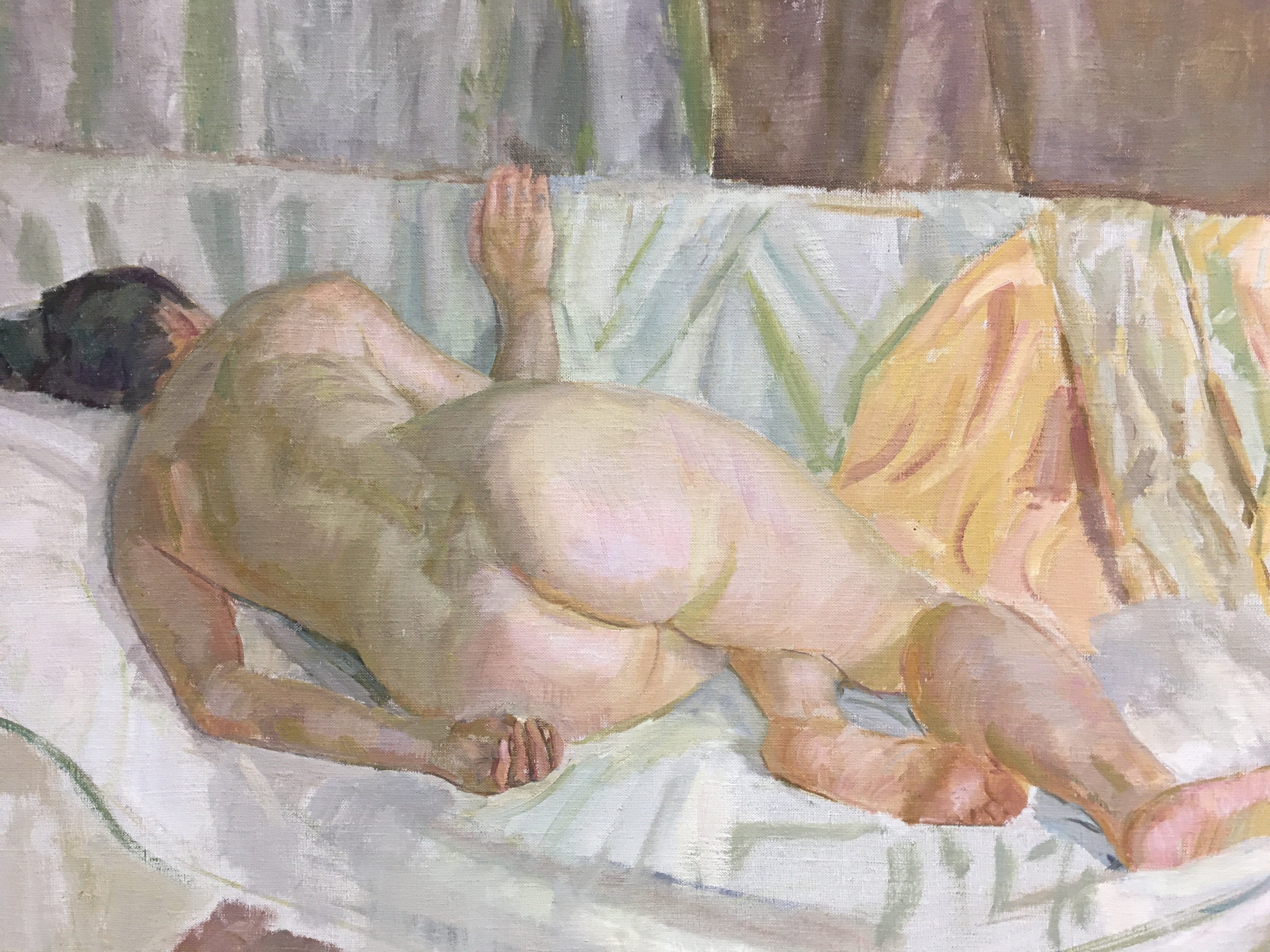 An oil on canvas laying nude woman Alexander Makagon the Artists Model 1998, frame dimensions 108x85cm. This lot cannot be posted