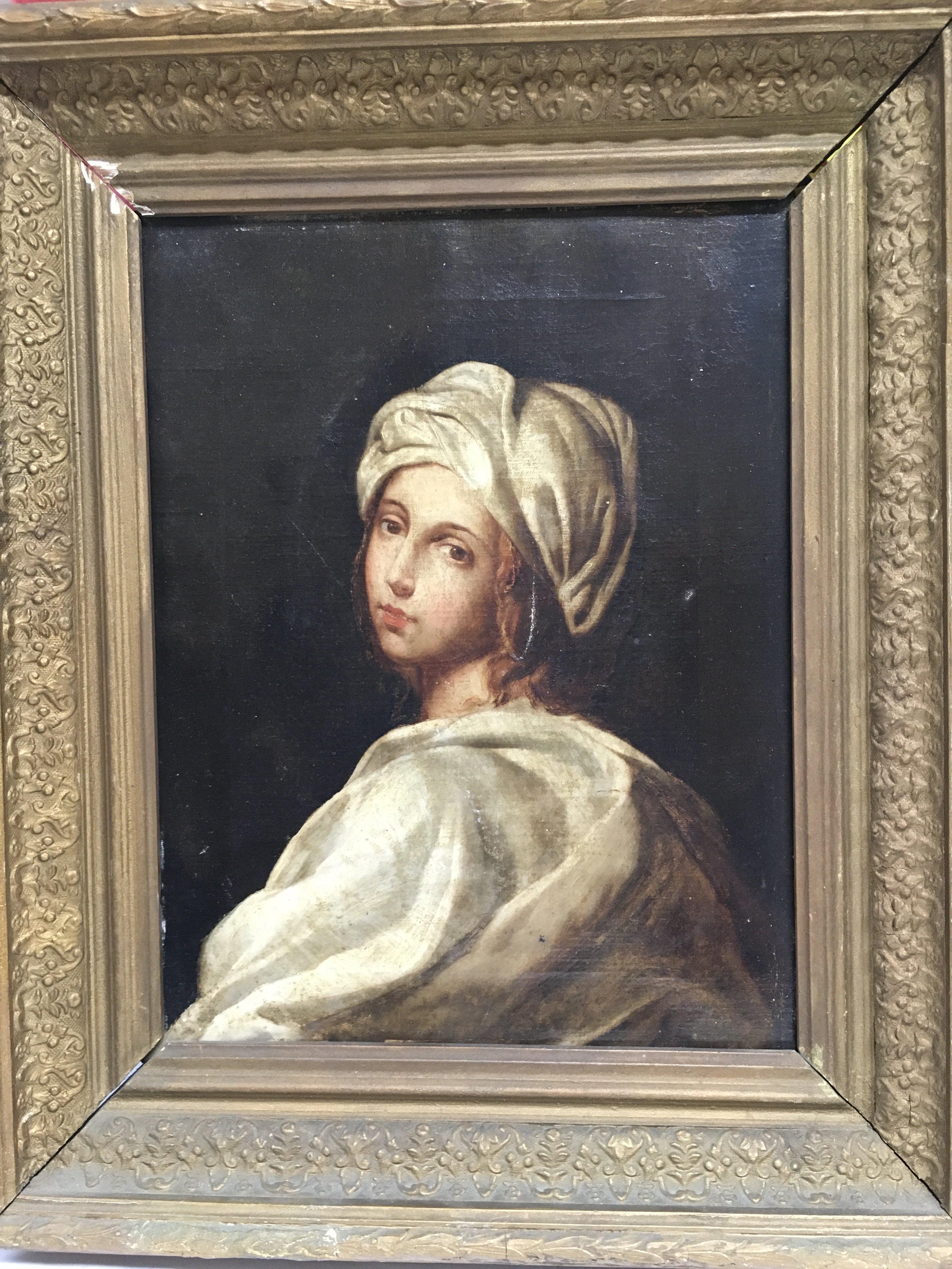 A Continental gilt framed oil on canvas portrait of a young lady, approx 37cm x 44.5cm plus four other gilt framed paintings. Shipping category D.