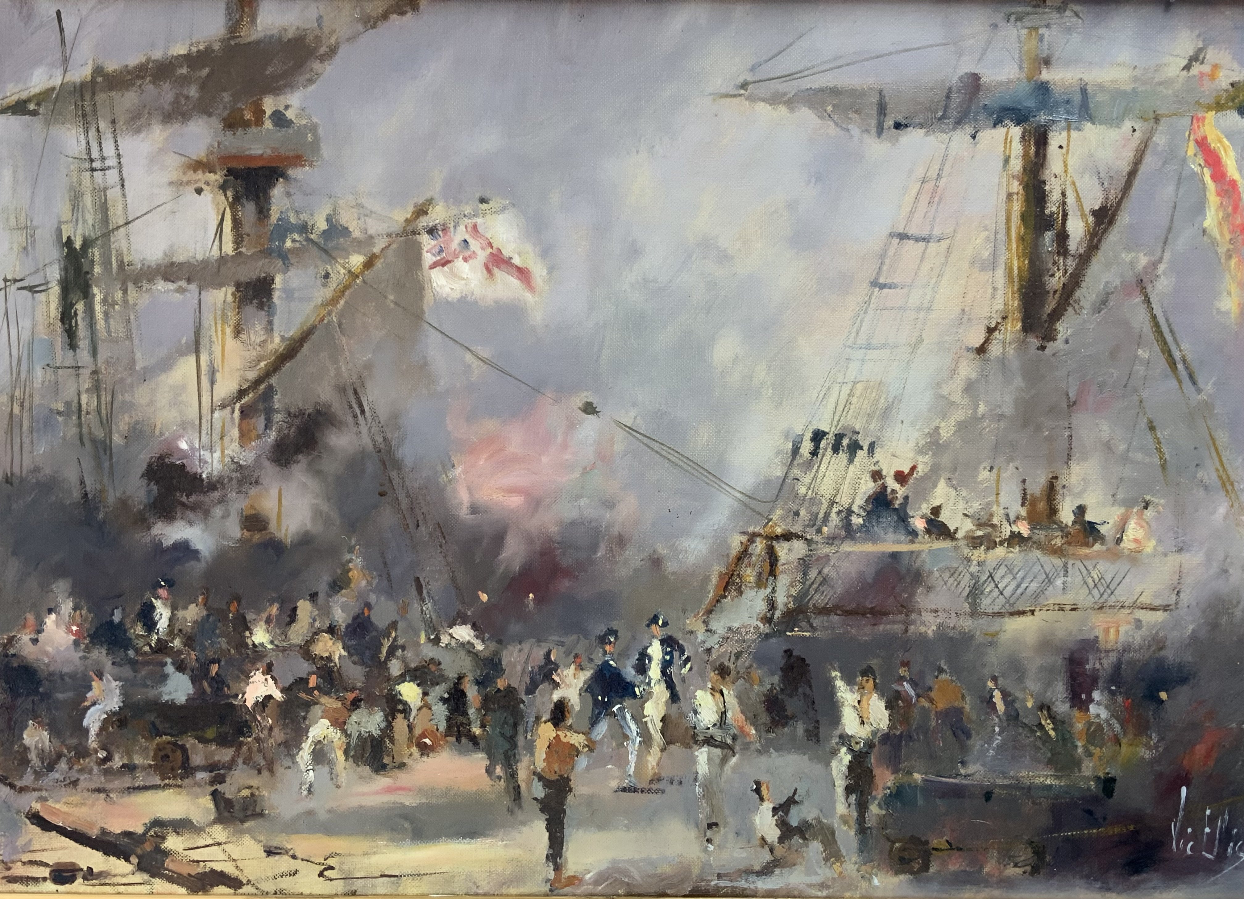 Victor William Ellis, (Vic Ellis) 1921-1984, oil on canvas painting depicting the Battle of Trafalgar. Canvas 76cm x 51cm, with frame 94cm x 68cm.