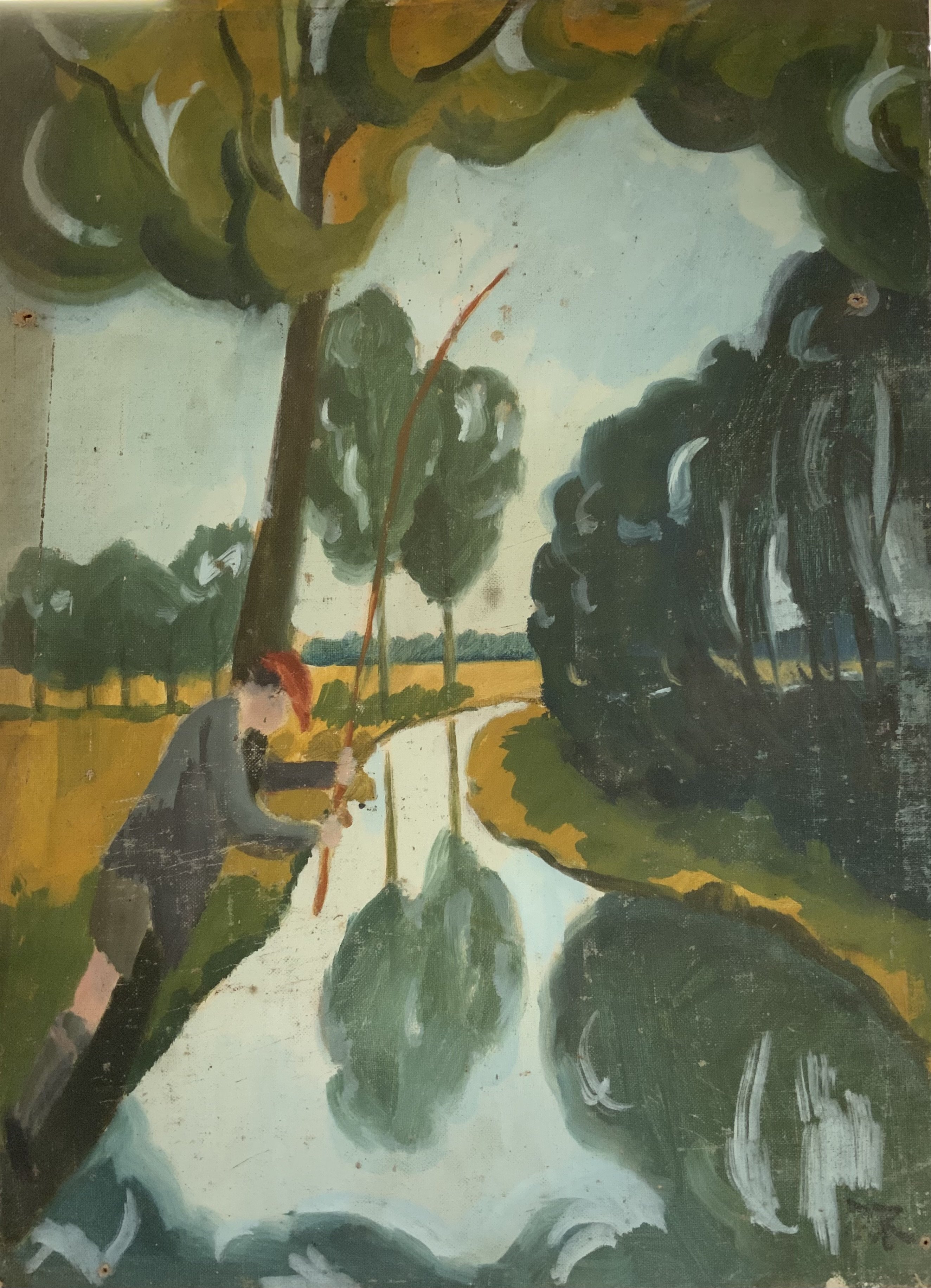 Jim page Robert&#2013266057۪s, 1925 - oil on board painting, child fishing from a tree, Monogrammed P.R bottom right corner. Some damage to corners. 56cm x 41cm.