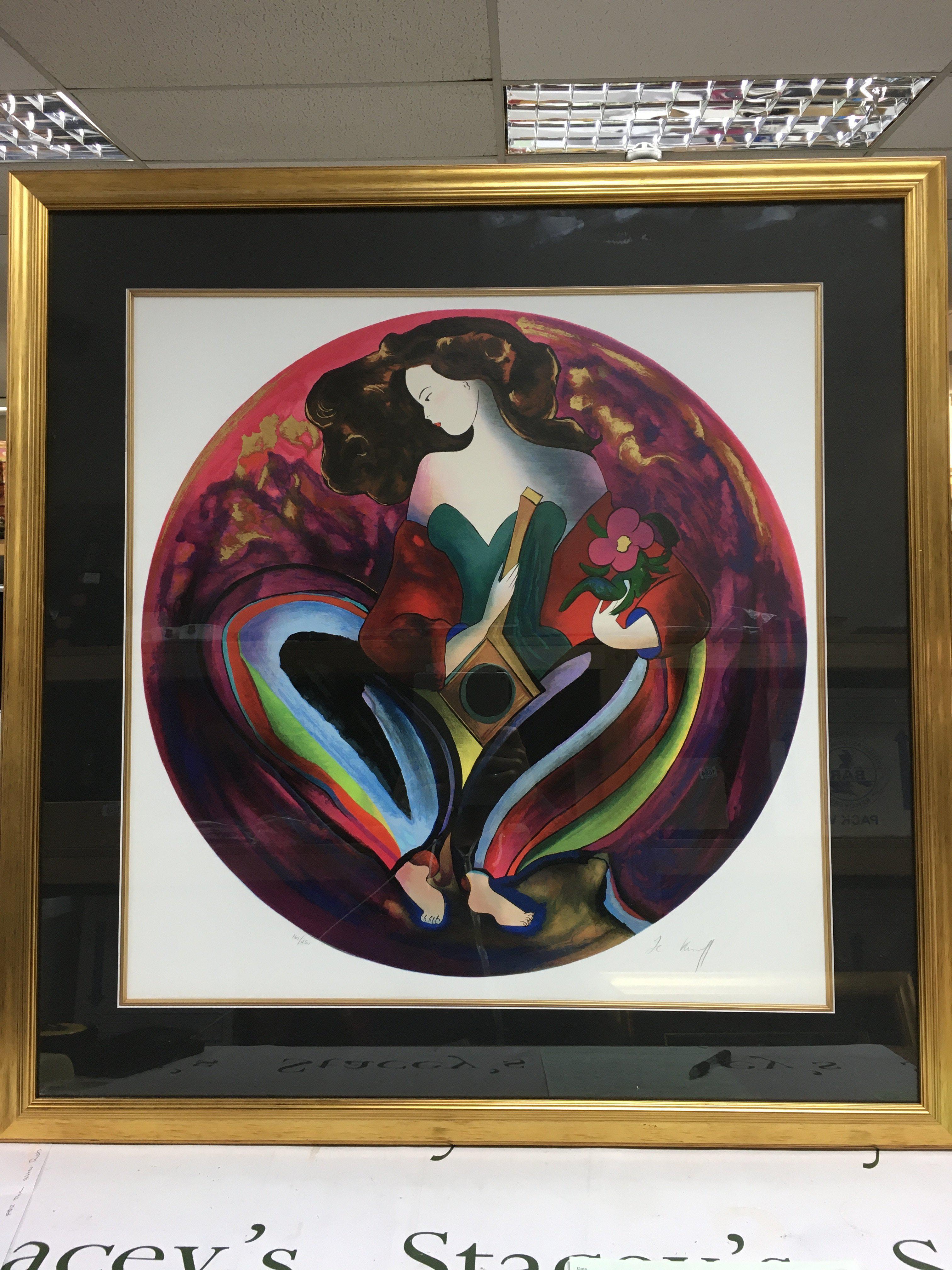 Three framed and glazed Linda Le Kinff Seriolithographs, two being signed and numbered limited editions. Largest approx 84cm x 87cm. Shipping category D.