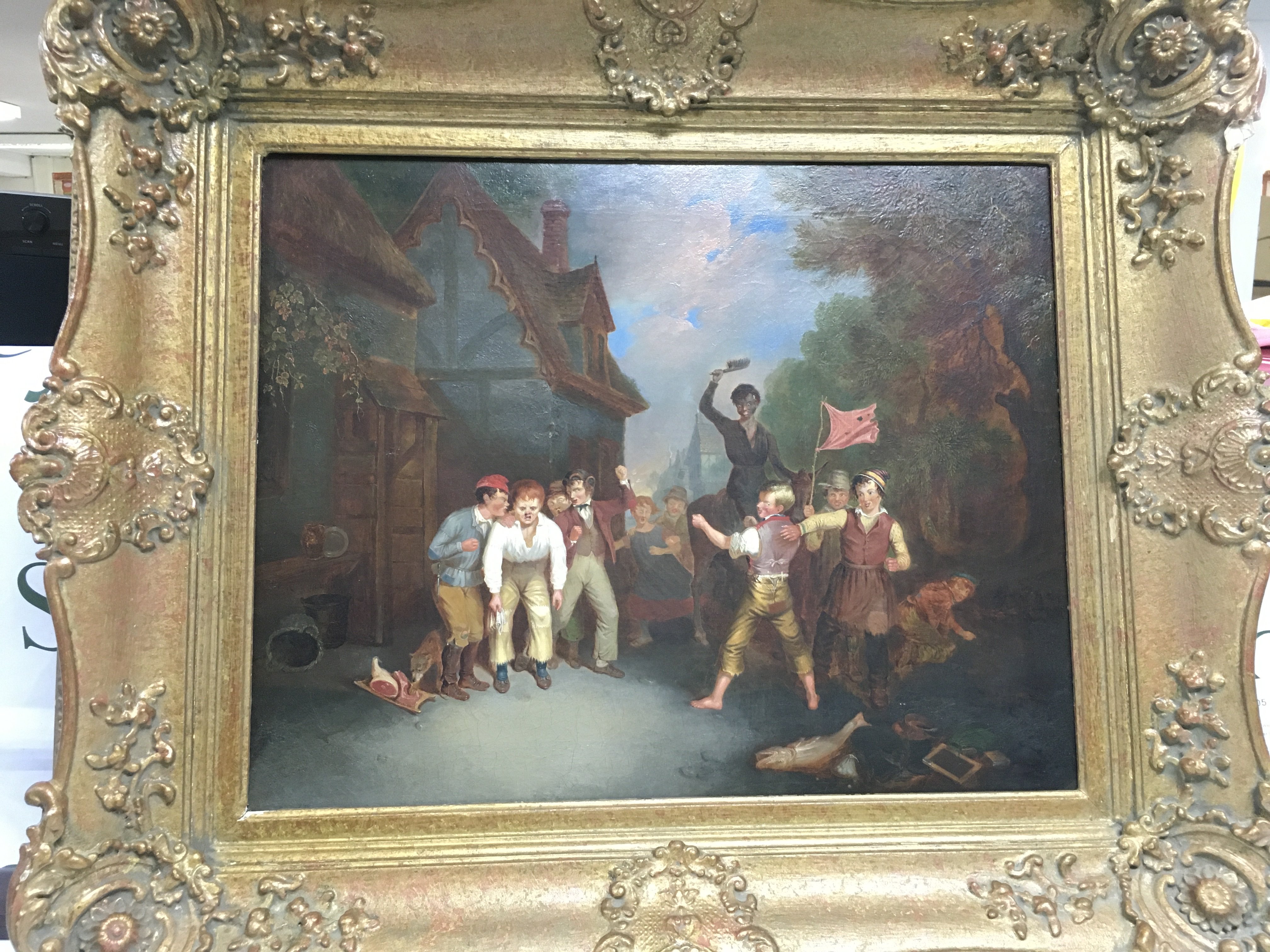 A Victorian gilt framed oil on board of a fight between two boys with a crowd formed around them, approx 71.5cm x 61.5cm. Shipping category C.