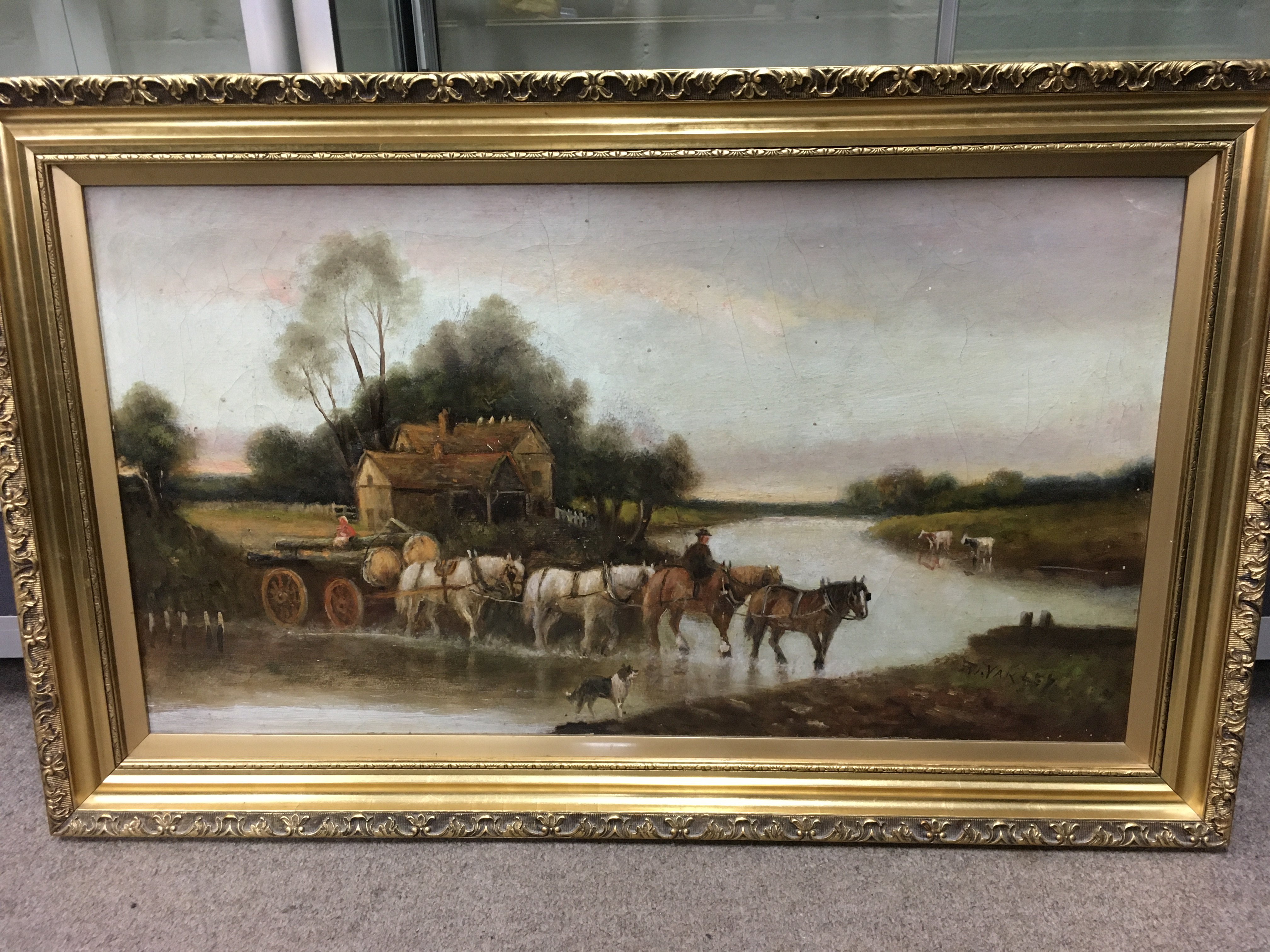 A gilt framed oil on canvas of a pastoral landscape with a horse drawn cart to the foreground, approx 95cm x 60cm. Shipping category D.