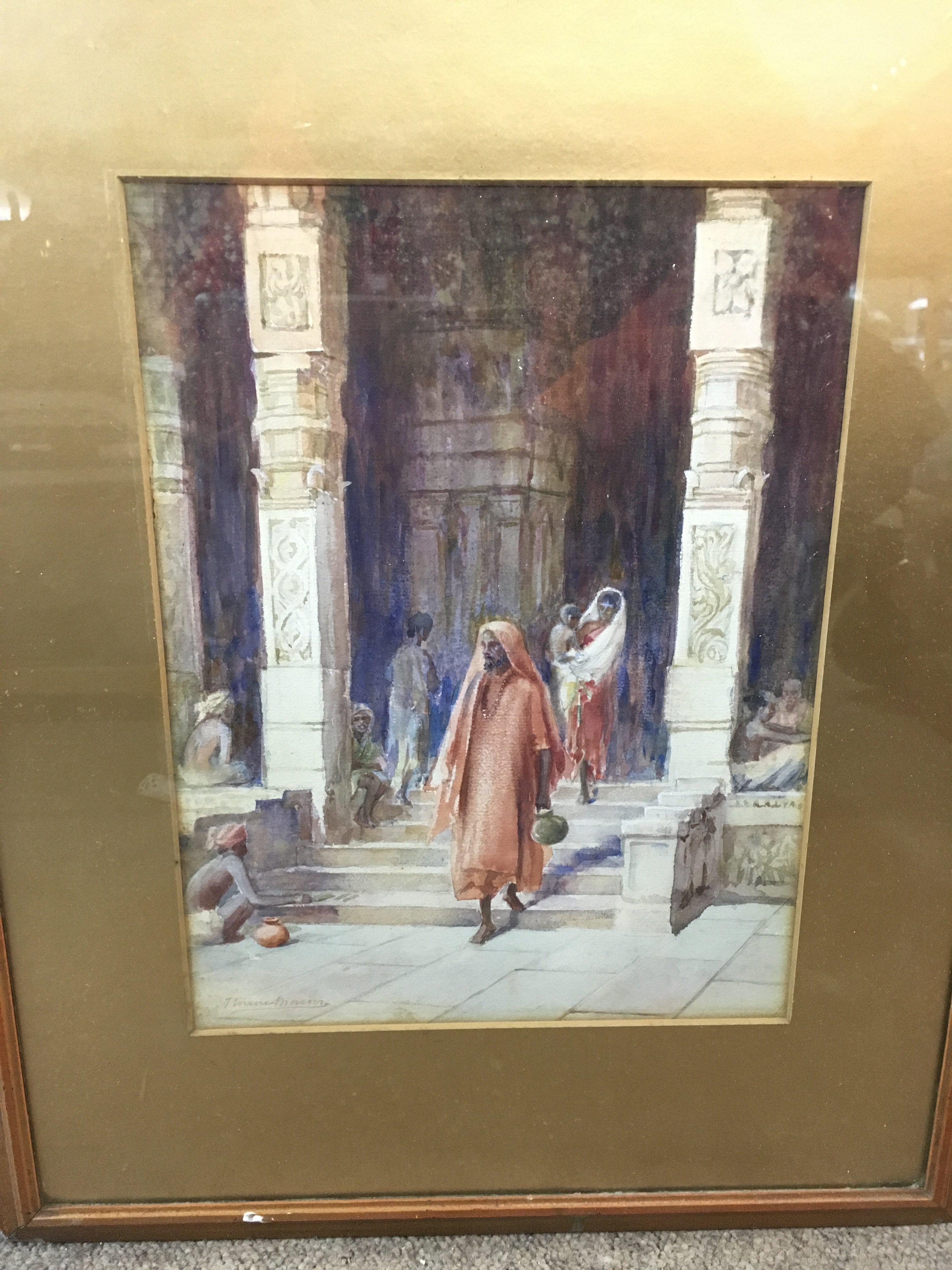 A framed watercolour of figures at a Hindu temple, signed by Emily Florence mason. Approx size 43x53cm.