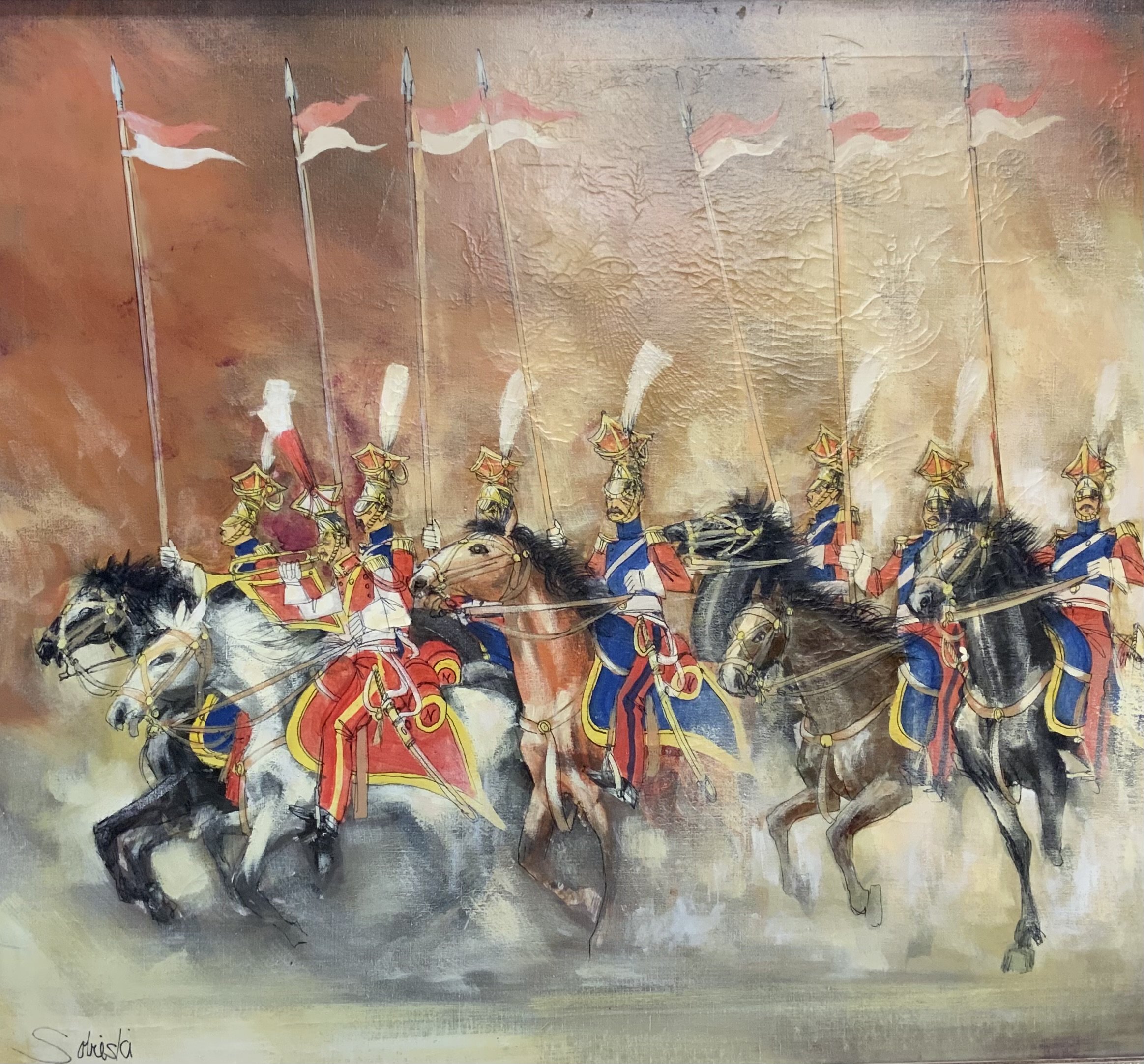 A large oil on canvas painting c.1970 depicting a dramatic charge of Napoleonic cavalry, identified as the French Imperial Guard Lancers (also known as the Red Lancers). 105cm x 95cm, (Unknown artist).