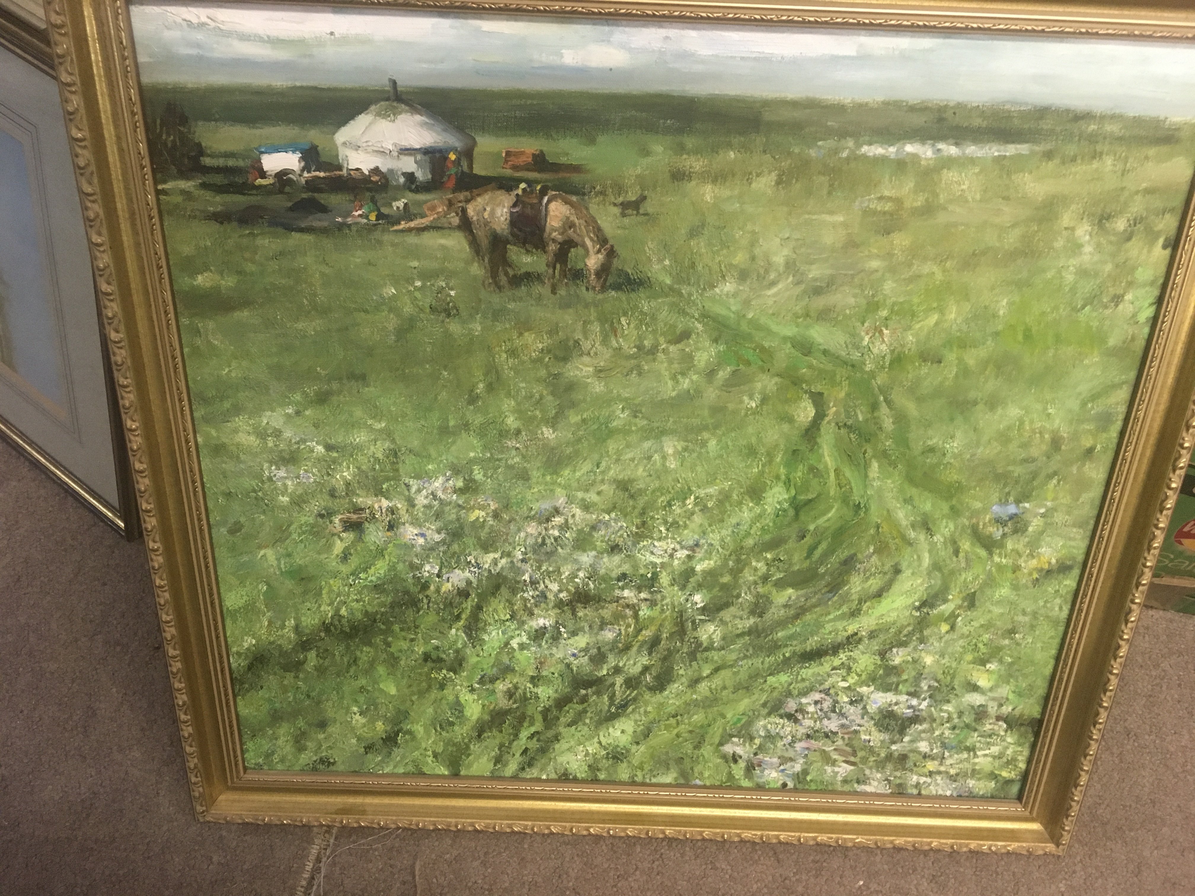 A framed oil on canvas Mongolian landscape featuring a Yurt . By Huang Jin wei . 60 x 55 cm .