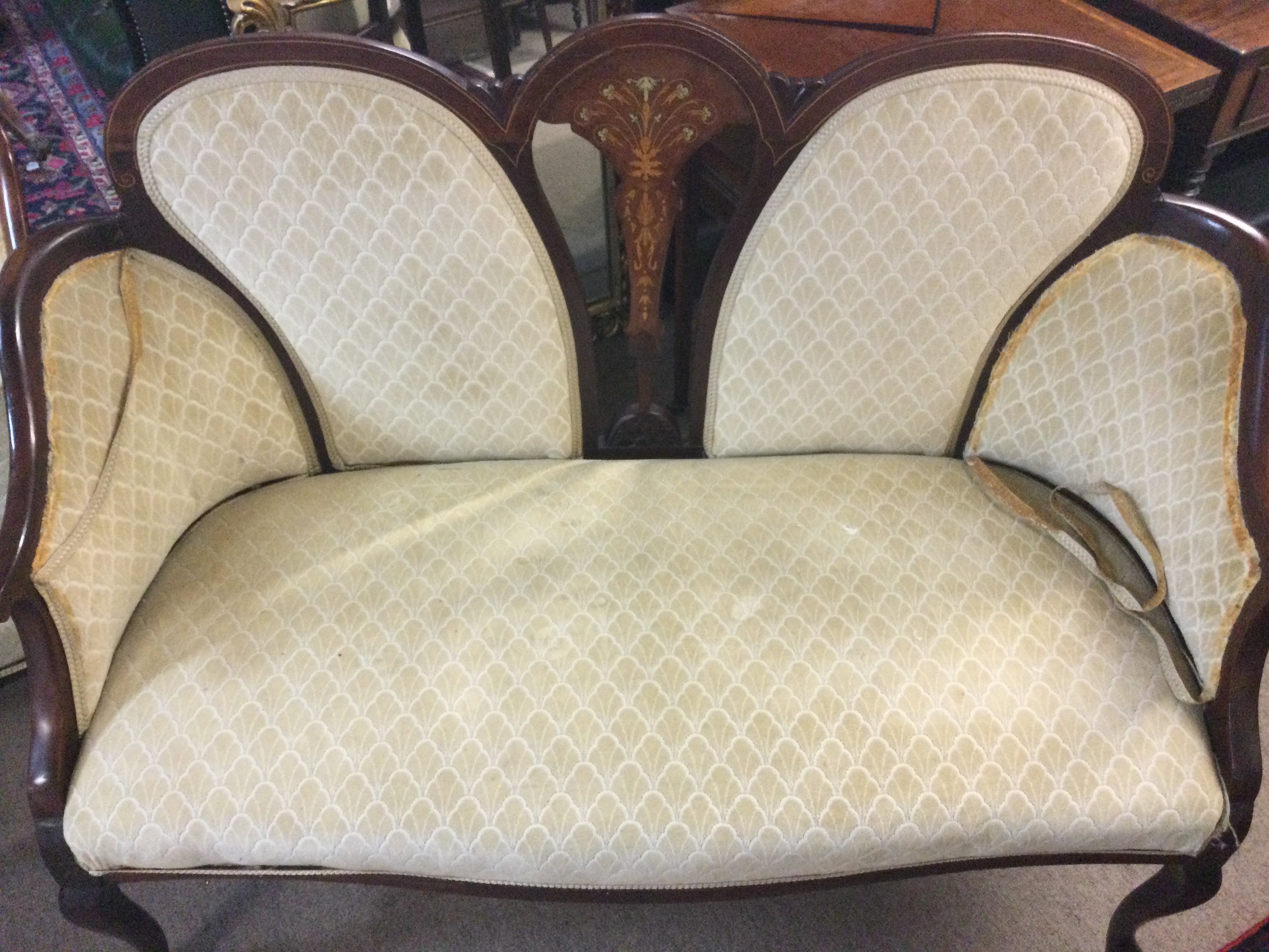 An Edwardian inlaid chair 94cm tall 58cm wide 54cm deep with matching two seater, dimensions 120cm wide 94cm tall 55cm deep