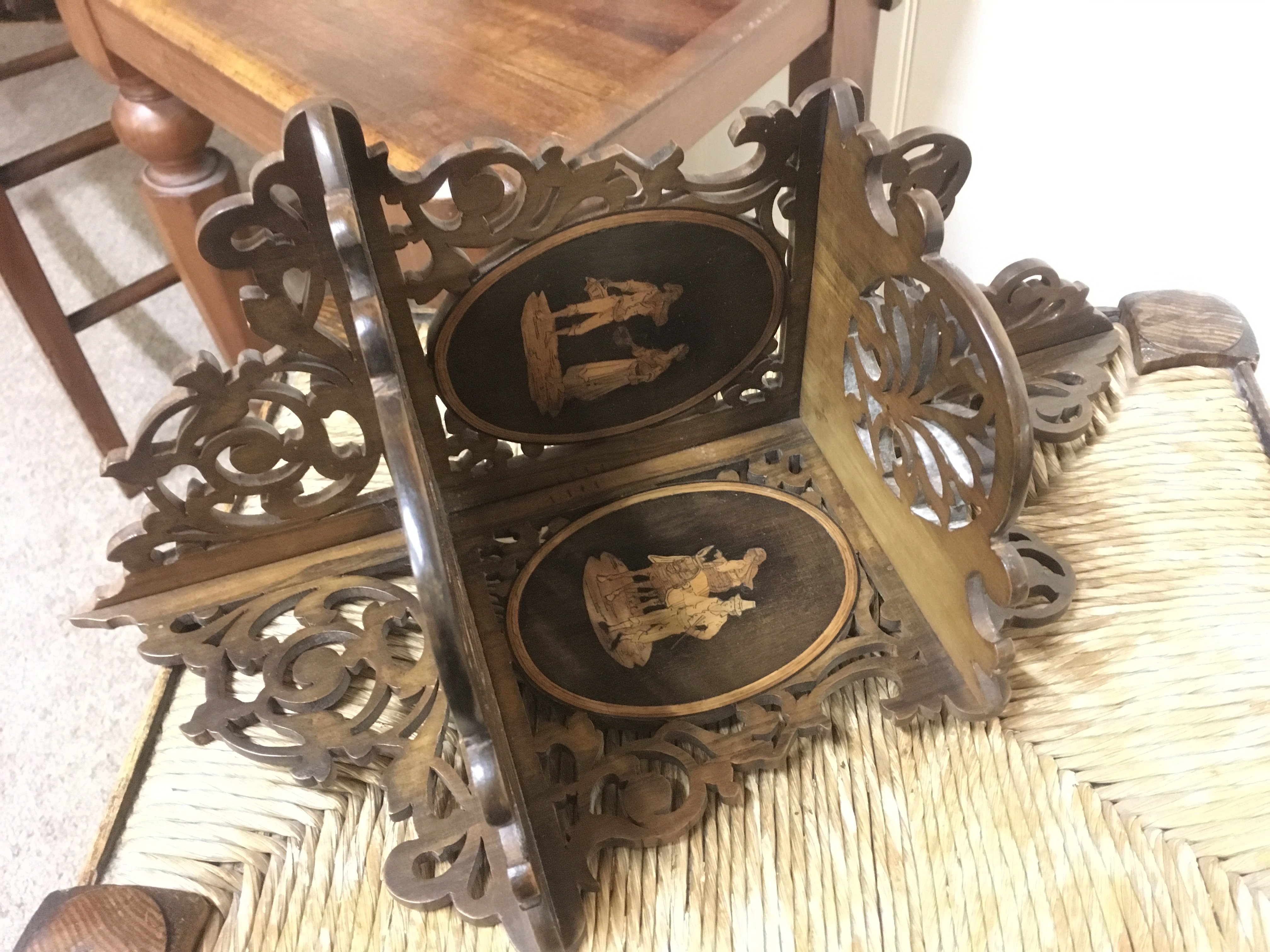 A small carved stool, carved box, olive wood corner bracket- NO RESERVE