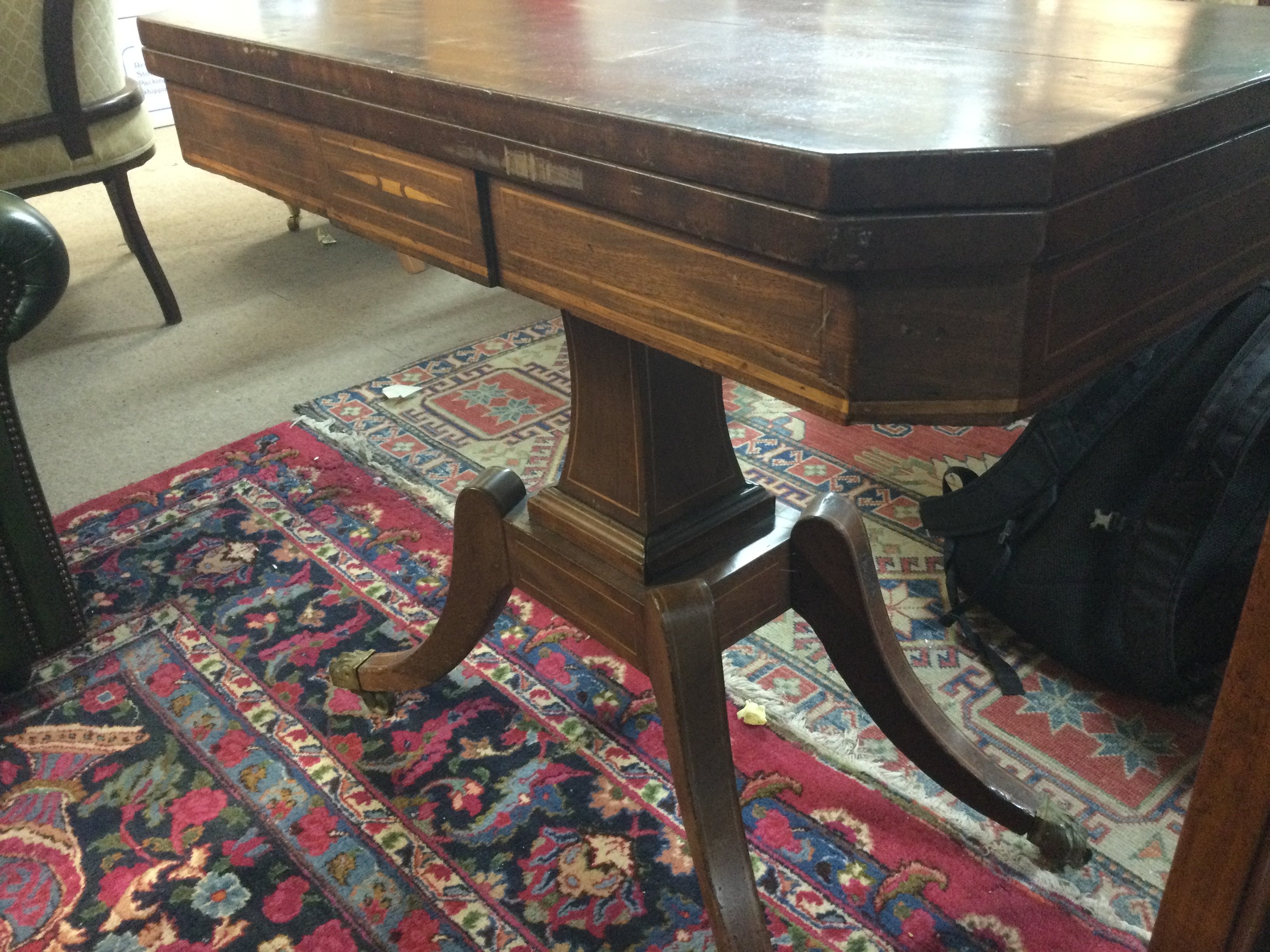 An inlaid regency style card table with a green leather top 76cm tall 89cm wide 44cm deep approximately . Games table 89x89cm- NO RESERVE