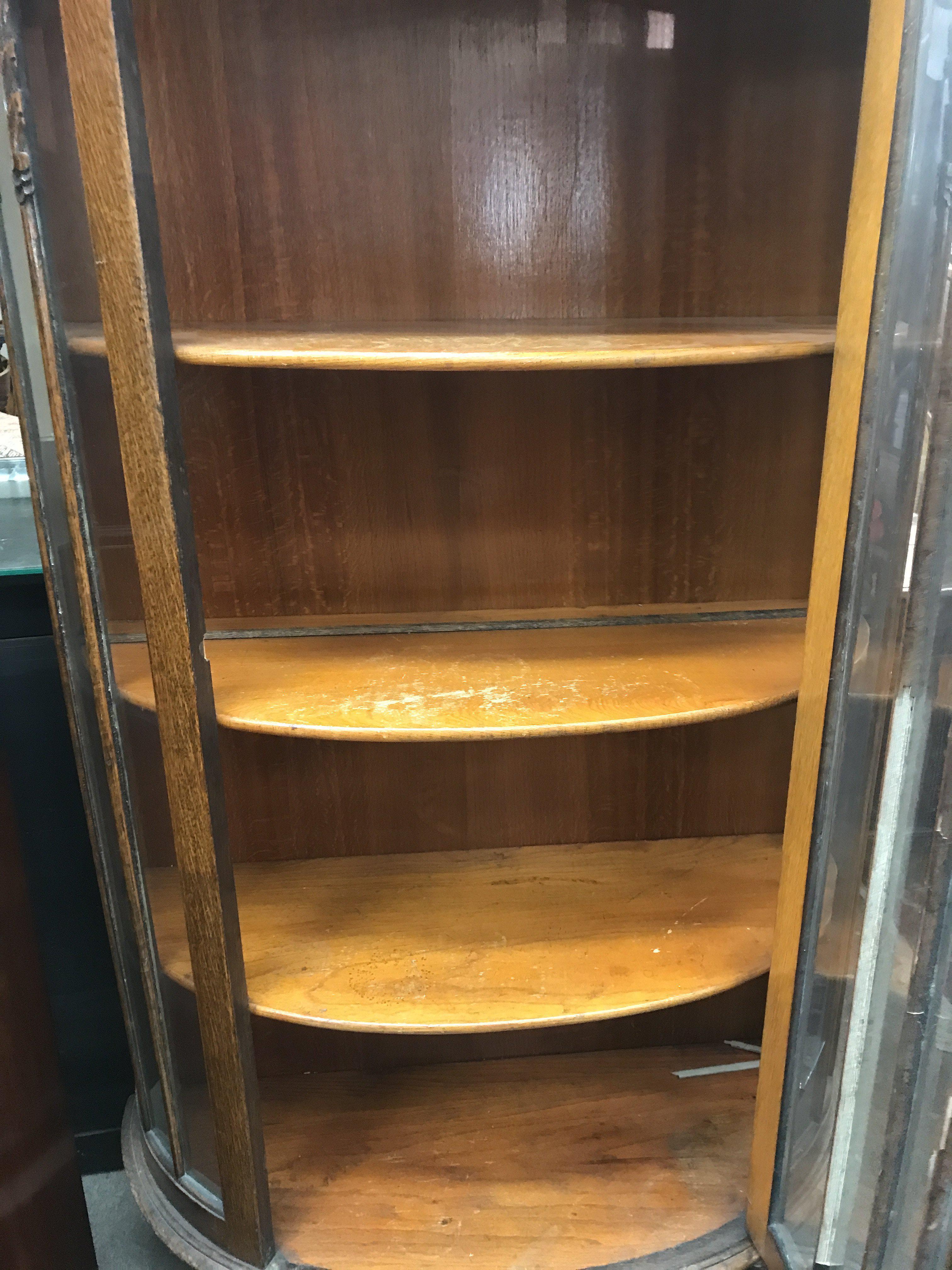 A semi circular oak glass door cabinet, 160cm tall 88cm wide. NO RESERVE