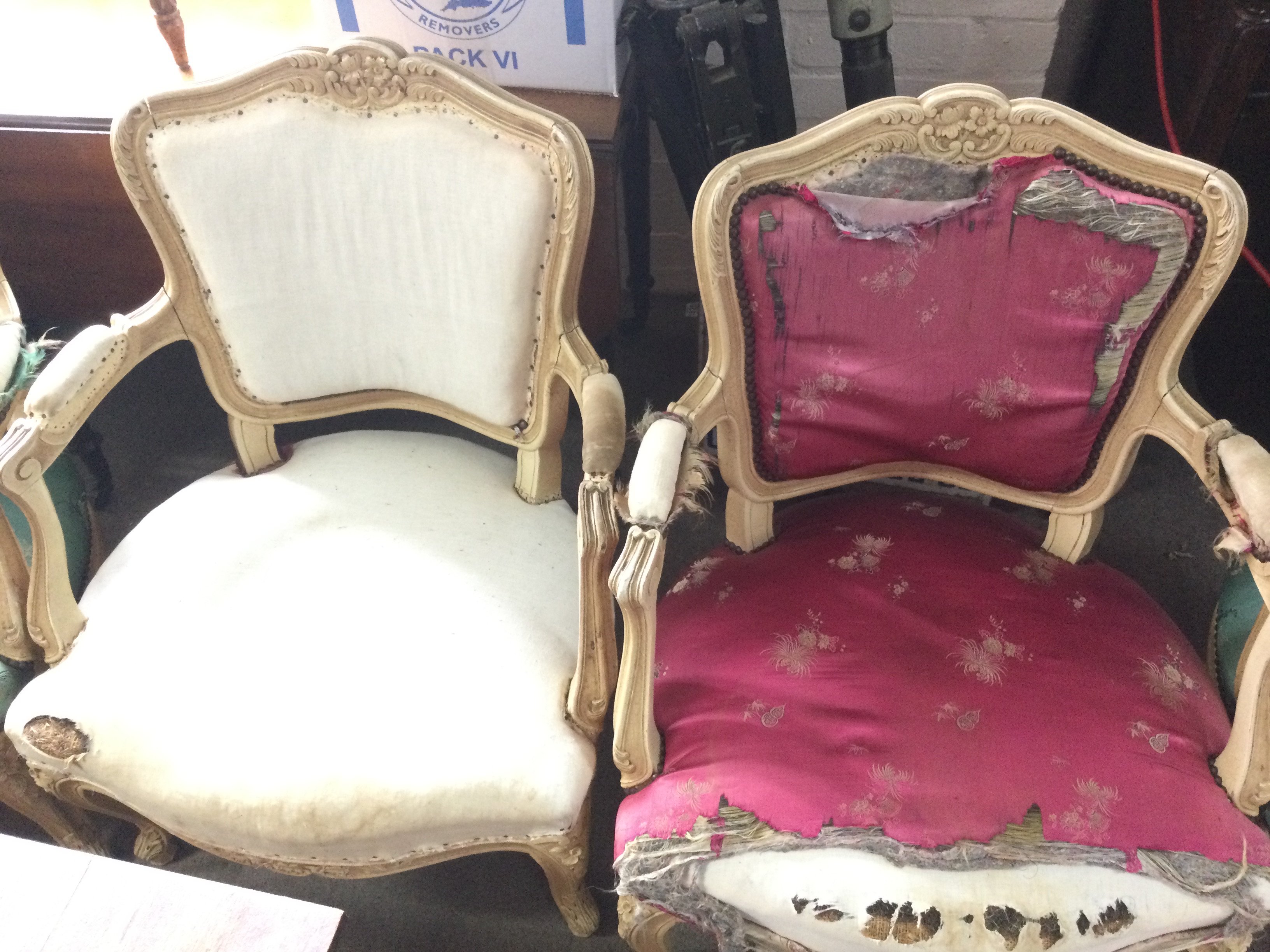 Four French armchairs for restoration. Dimensions 62cm wide 84cm tall. NO RESERVE
