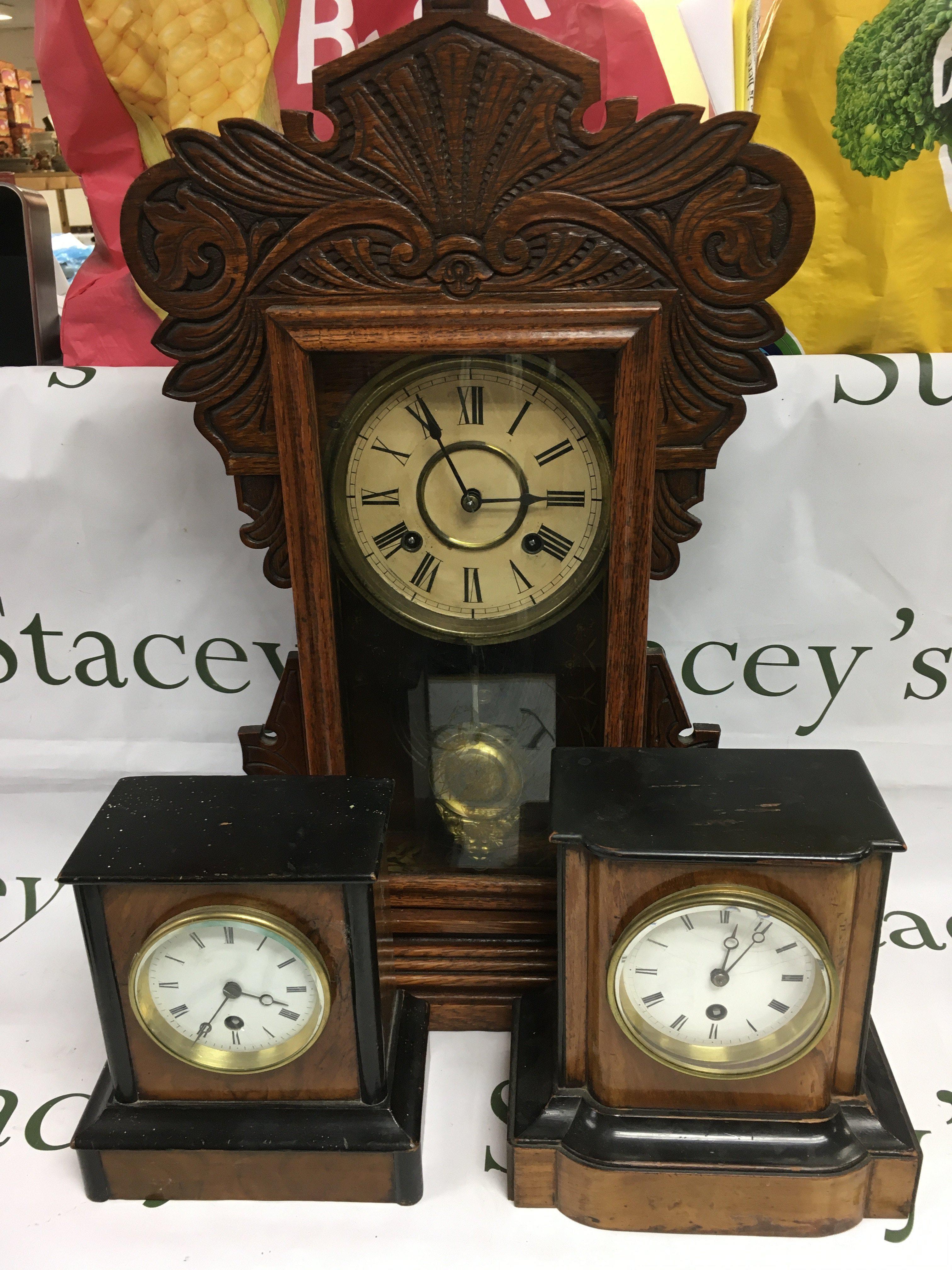 Three mantle clocks comprising an eight day mahogany cased example plus two others. Shipping category D.
