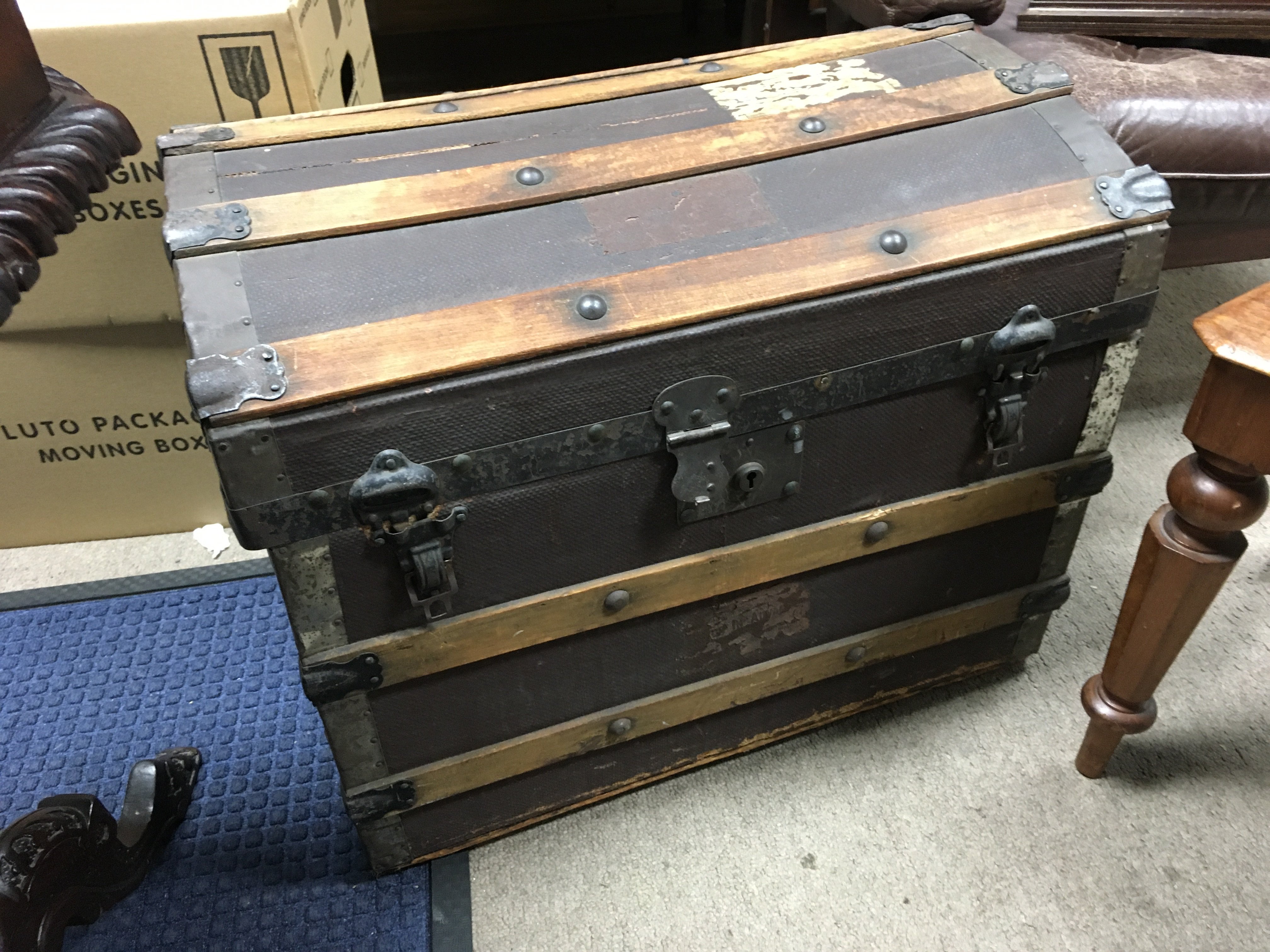 A Victorian hall chair , mirror (frame size dimensions 75x107cm), oak sewing work box table and a dome top trunk- NO RESERVE