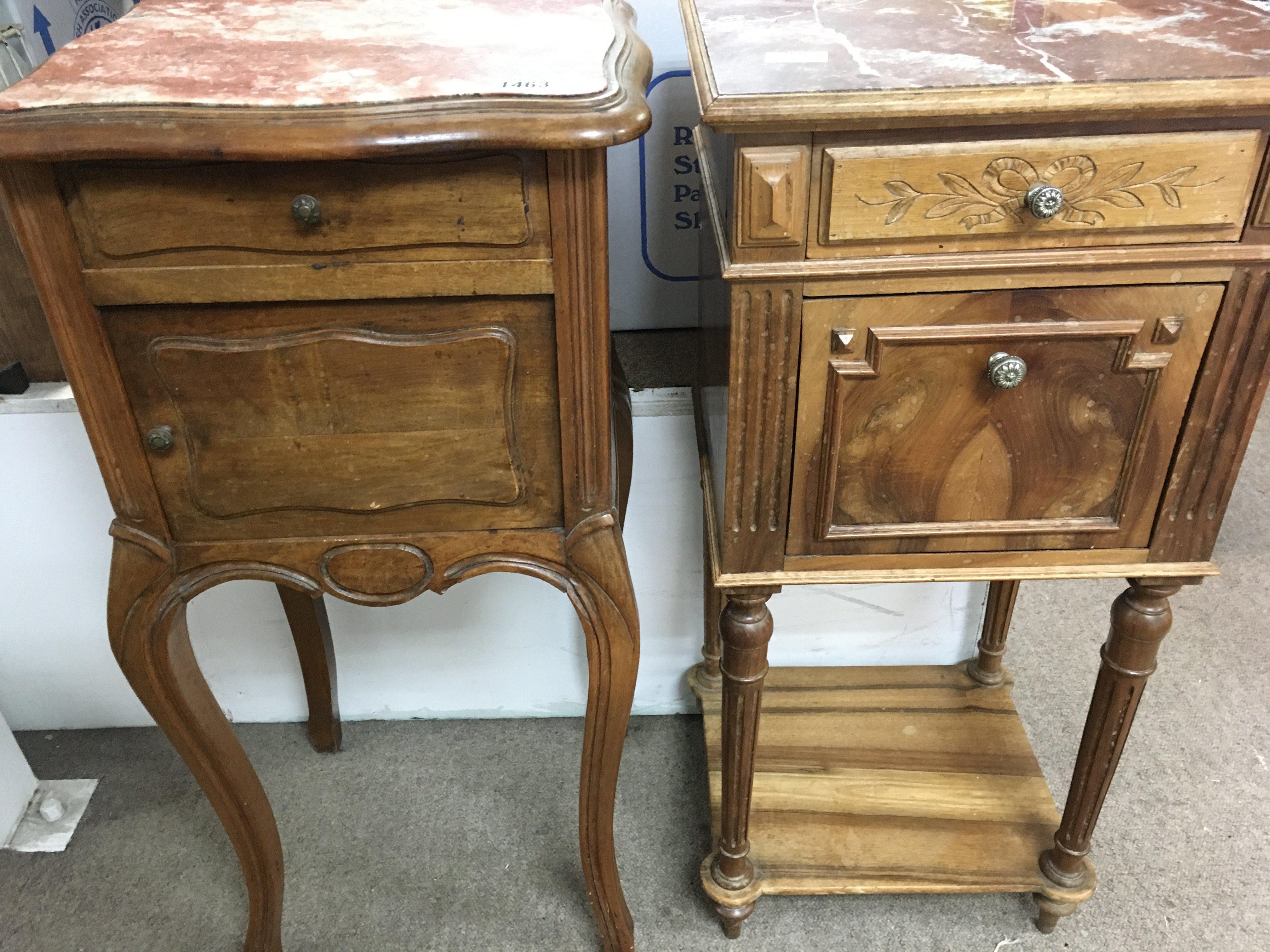 Two French walnut side cabinets with marble tops fitted with single drawers and cupboards under.