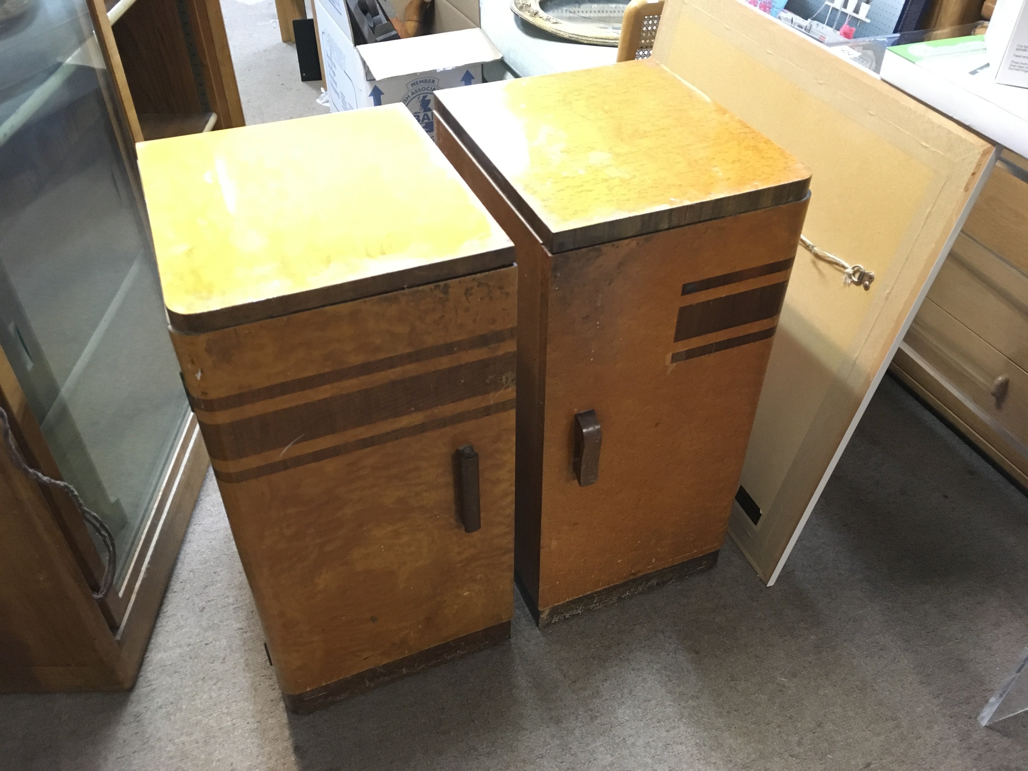 Two Art Deco bedside cabinets, approx 33cm x 37cm x 68cm. Shipping category D.