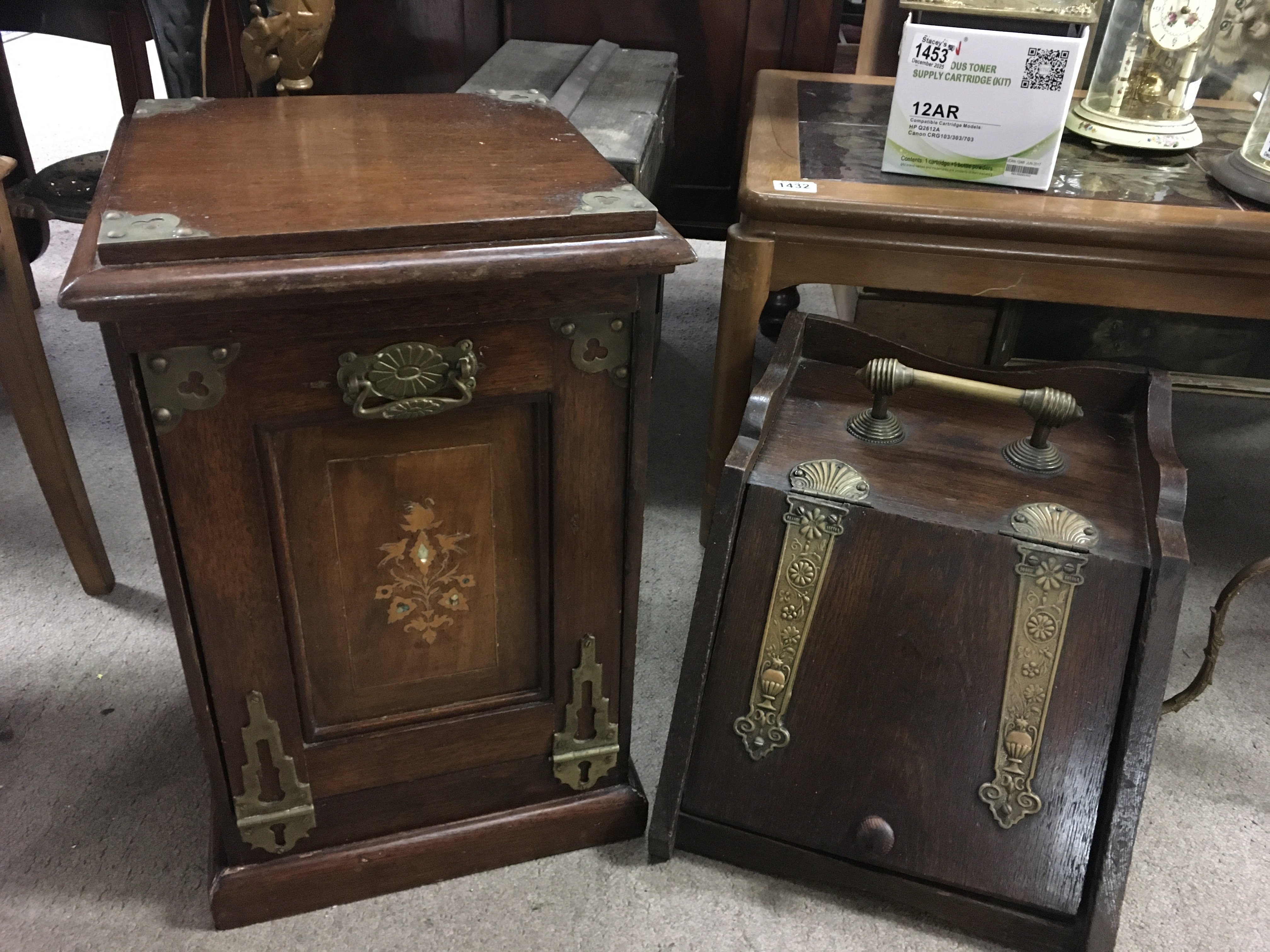 An oak coalbox and an inlaid Edwardian coal box. 30 & 50cm tall