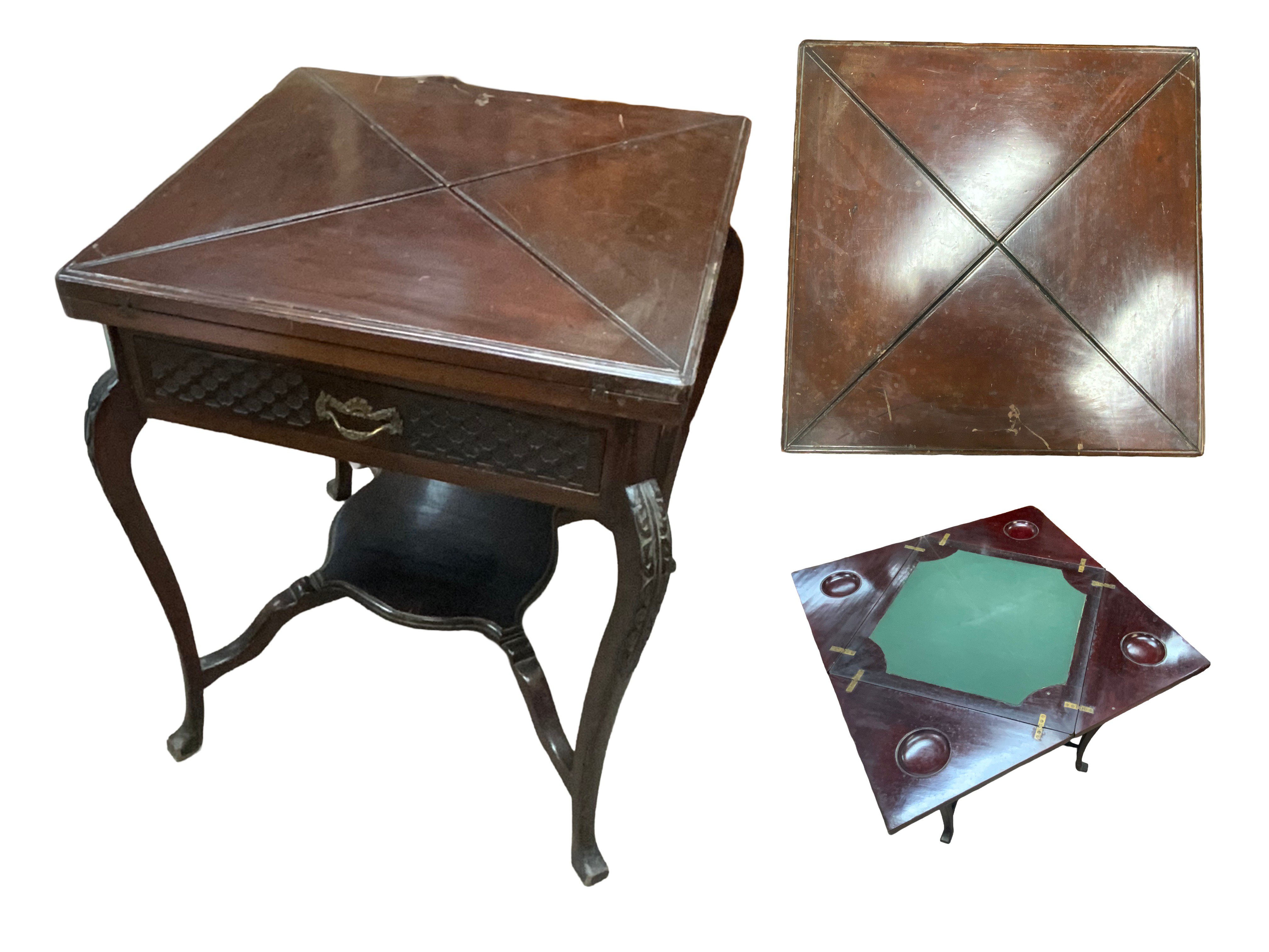 An Edwardian walnut envelope card table. 57cm x 57cm x 71cm