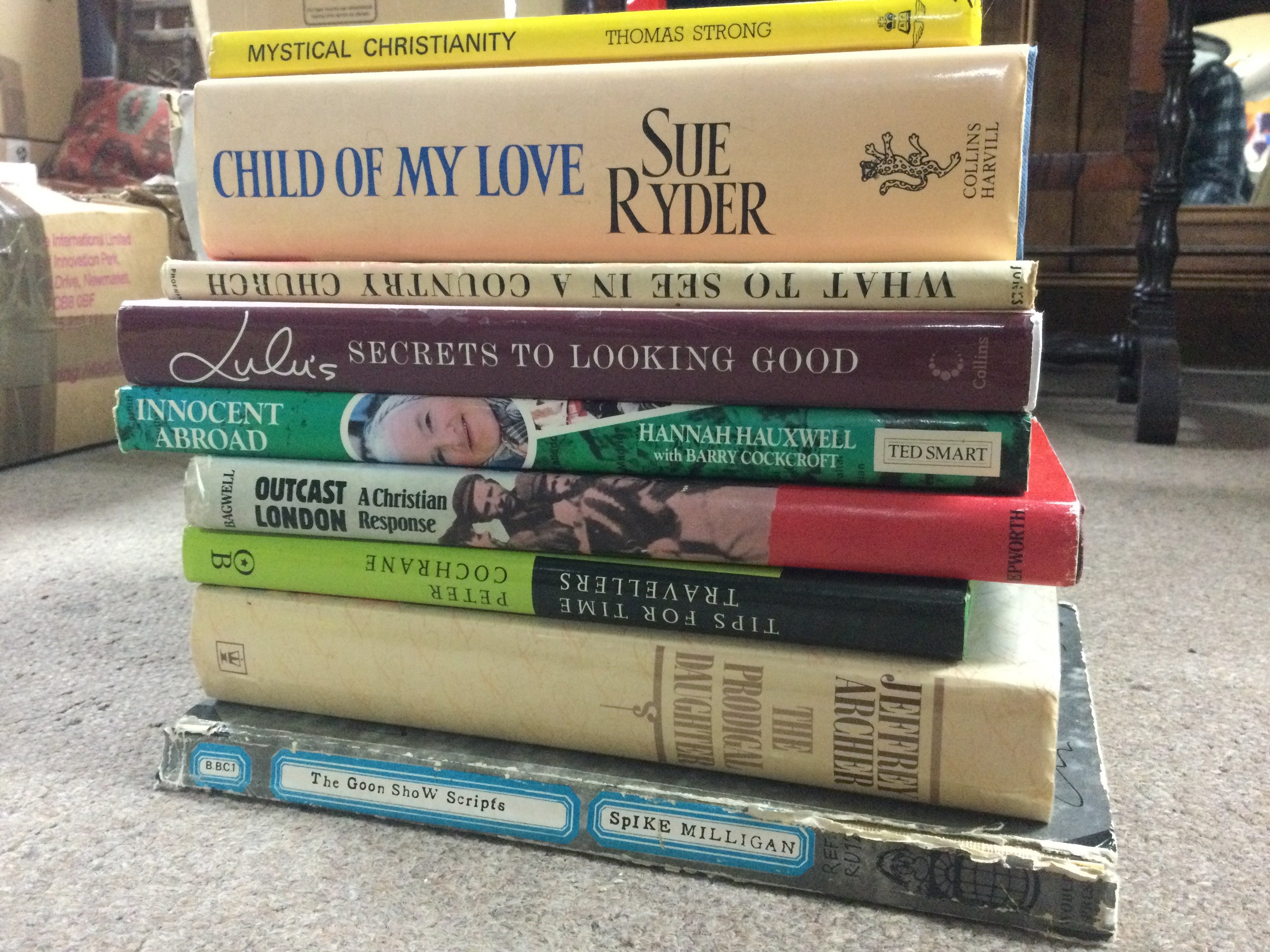 A box of books signed by their authors including Child of my Love Sue Ryder, The Prodigal daughter Jeffrey Archer, Below Stairs Margaret Powell. Postage category C- NO RESERVE