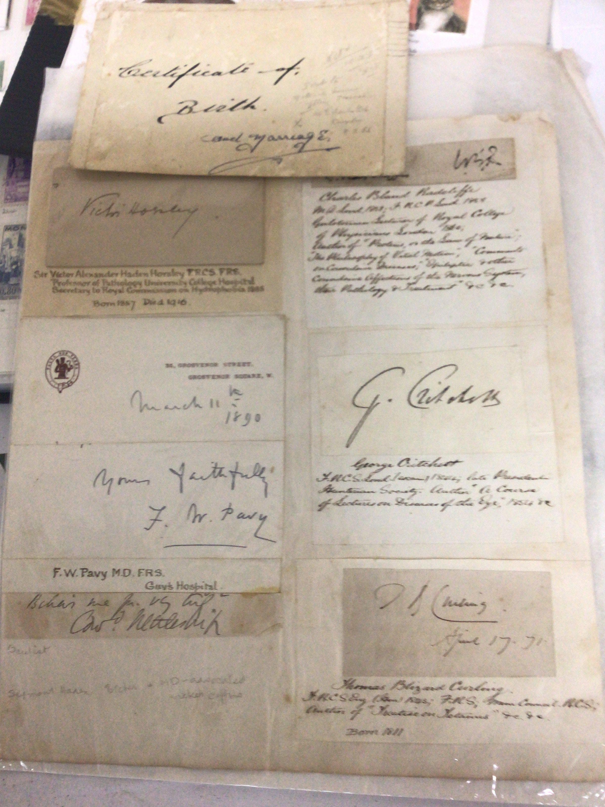 A collection of mixed used British Stamps including Victorian stamps other world stamps a collection of late Victorian and Edwardian autograph signatures including Sir Victor Alexander Haden Horsley Professor of Pathology FW Pavy MD FRS Guys Hospital and others. Other stamps and coin covers.