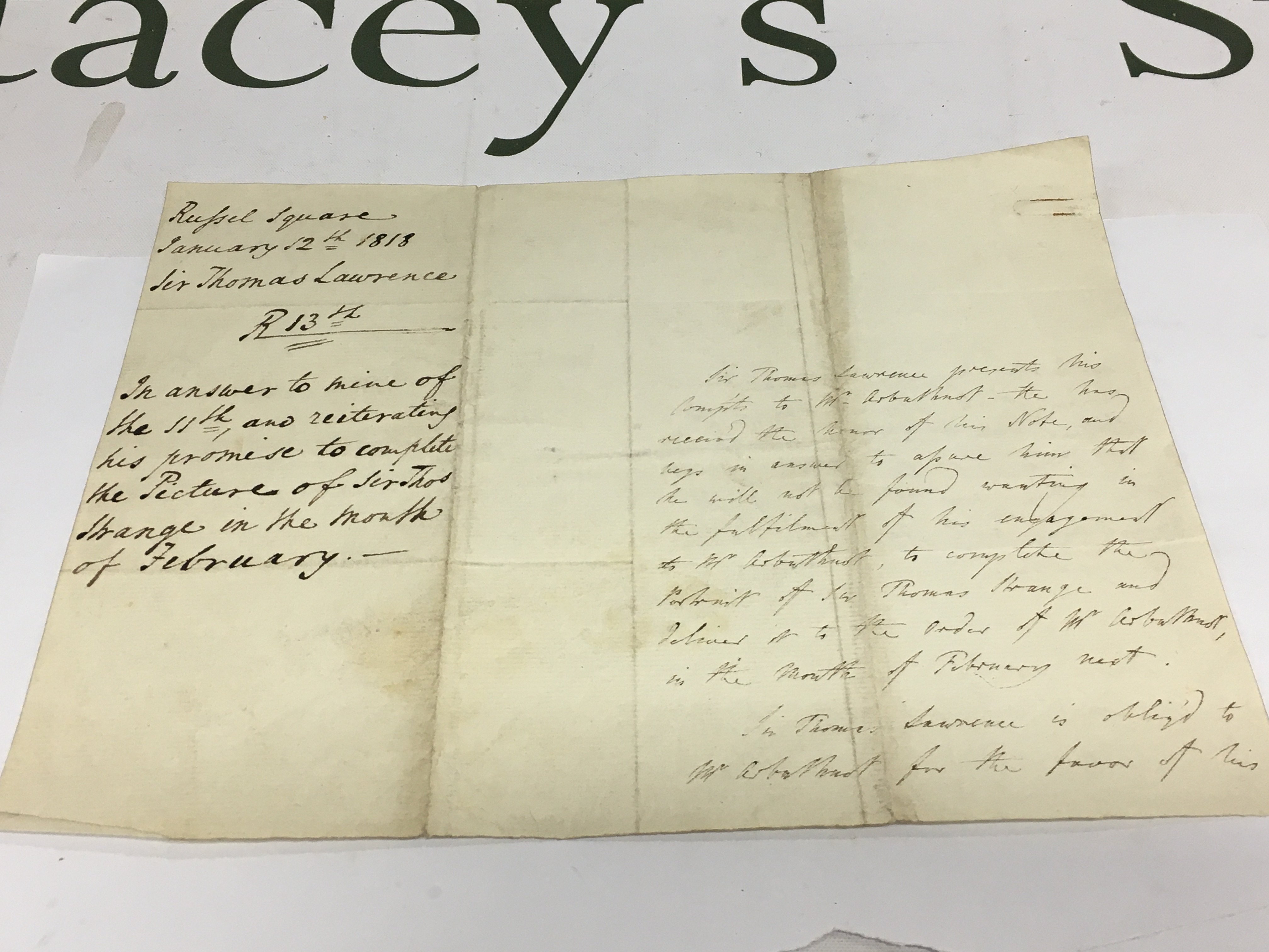 A handwritten letter from Sir Thomas Lawrence dated 1818. Sir Thomas Lawrence PRA FRS (13 April 1769 &#2013266057&#2013265947&#2013265938 7 January 1830) was an English painter who served as the fourth president of the Royal Academy. Shipping category A.
