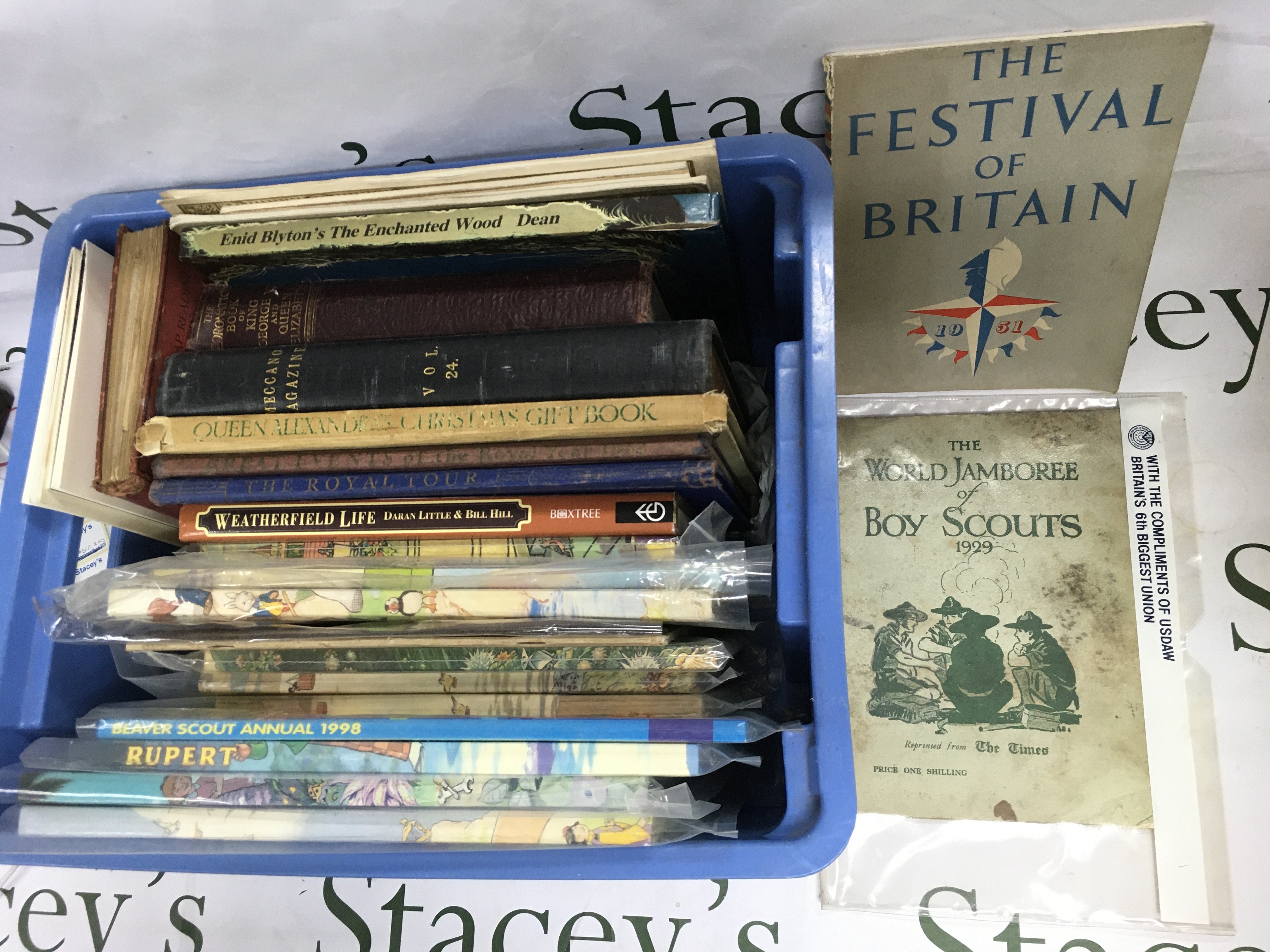 A box of books, Rupert annuals and other ephemera. Shipping category D.