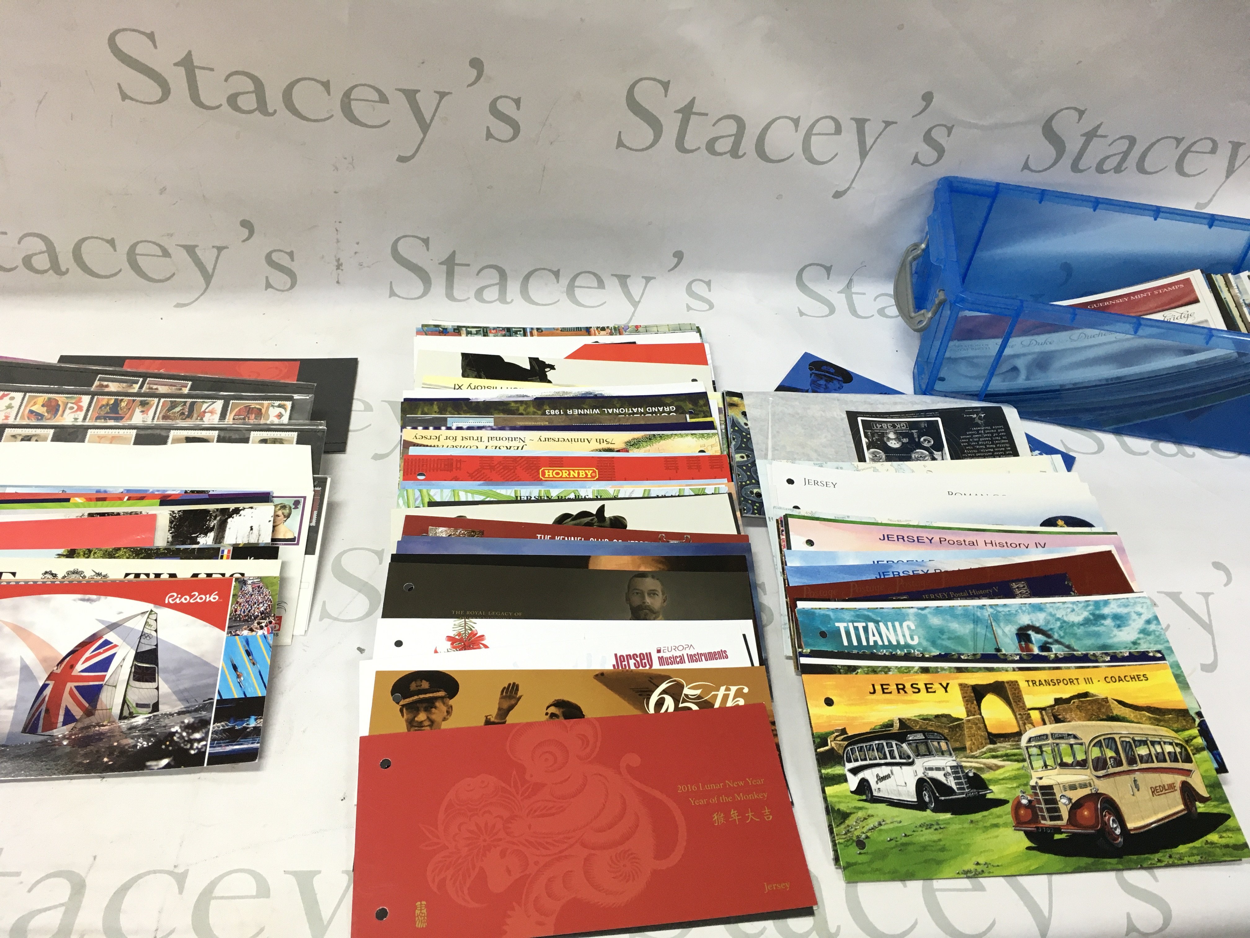 A box of presentation stamp packs. Postage B