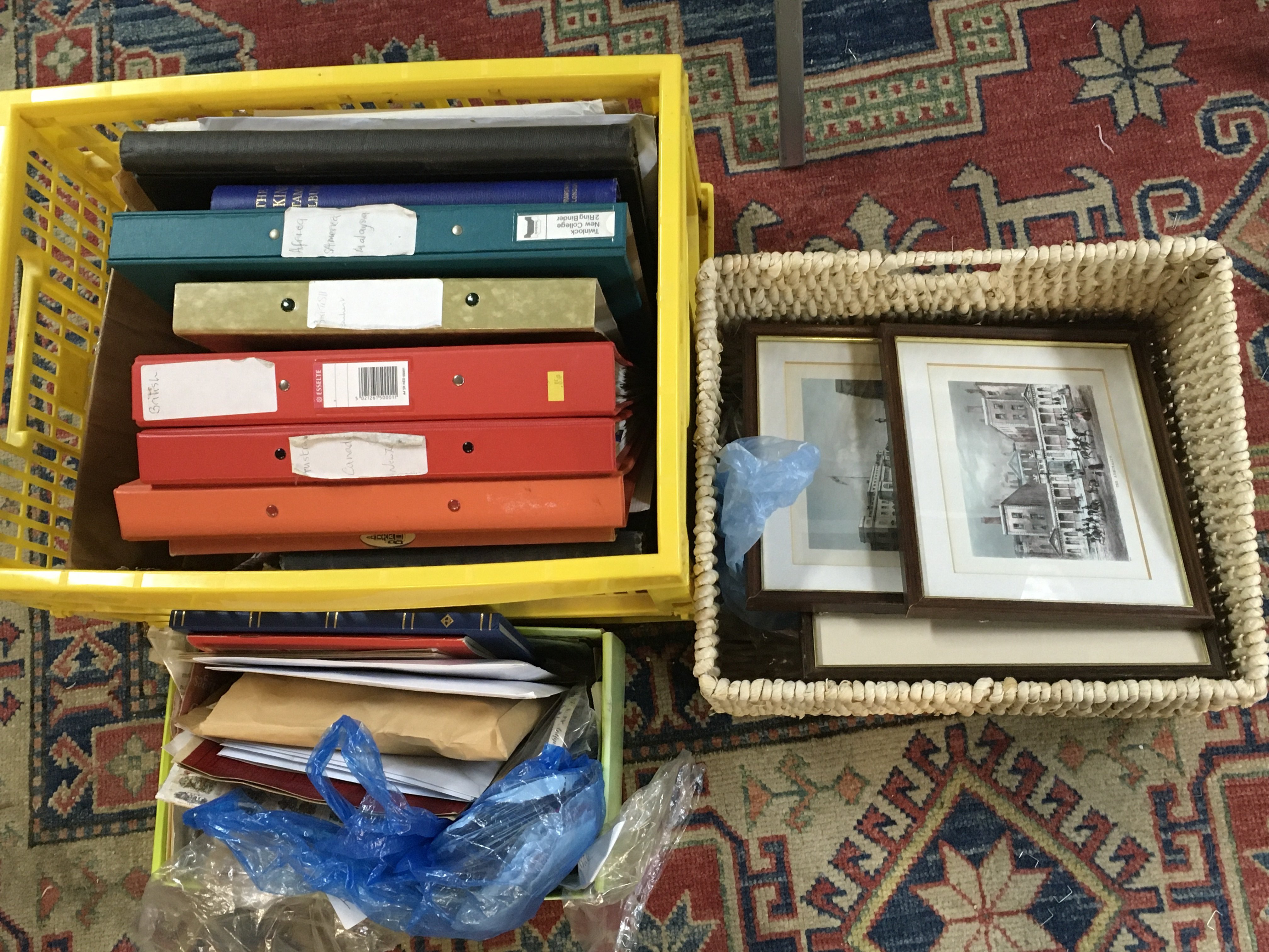 British Stamp albums, loose world stamps and prints of old London,