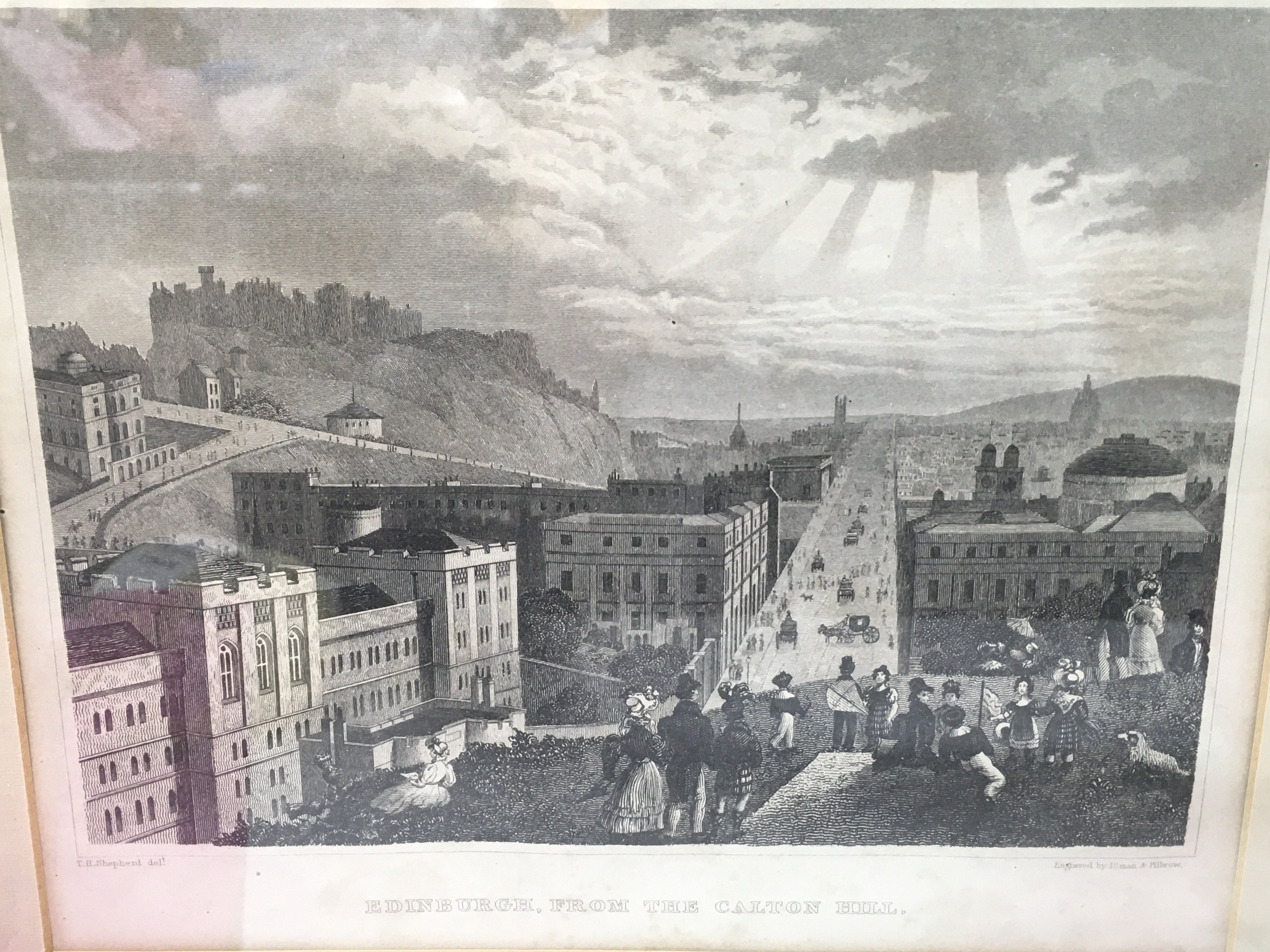 Four cranberry glasses, Framed Edinburgh engraving , From the Carlton Hill and a framed print The Shables in York. This lot cannot be posted- NO RESERVE