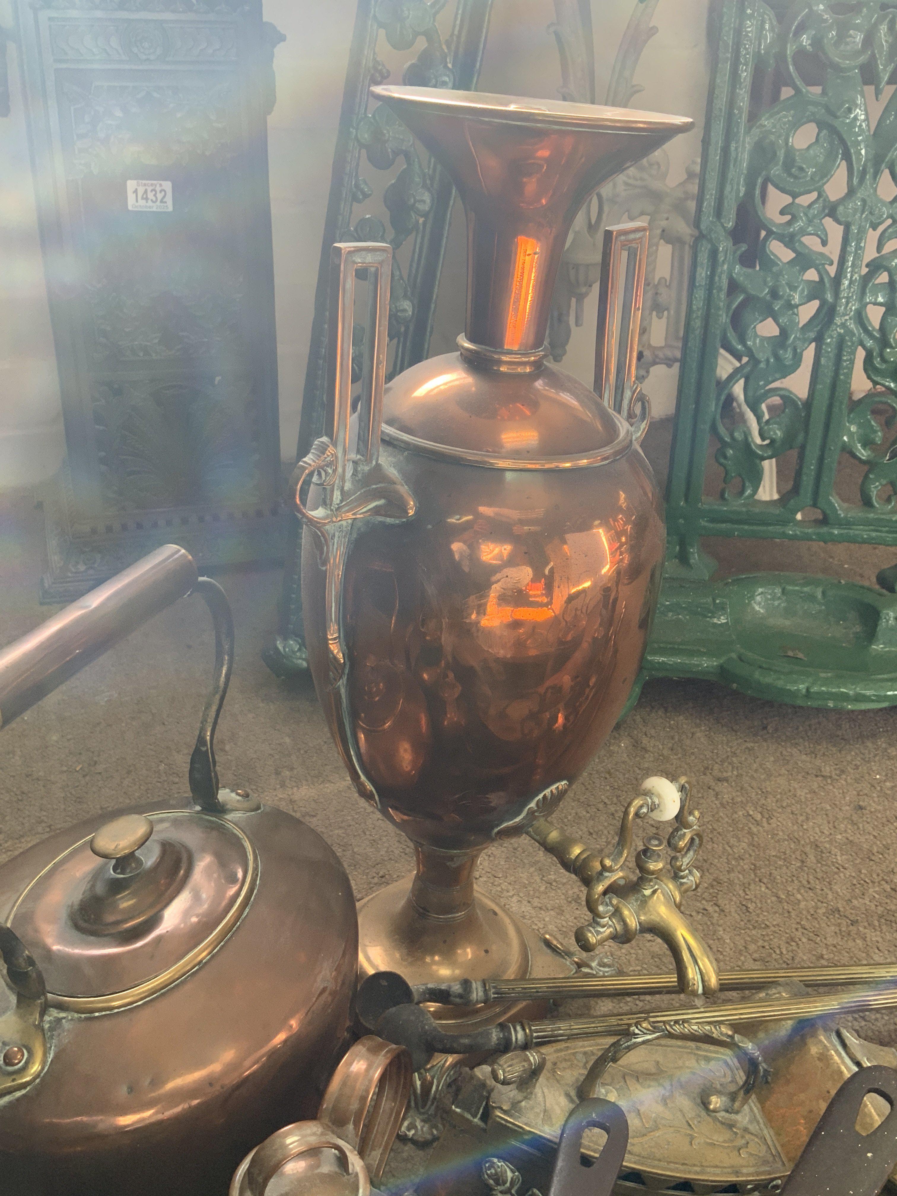 A mixed lot of brass and copper to include a copper Samova in the form of a Grecian urn. NO RESERVE