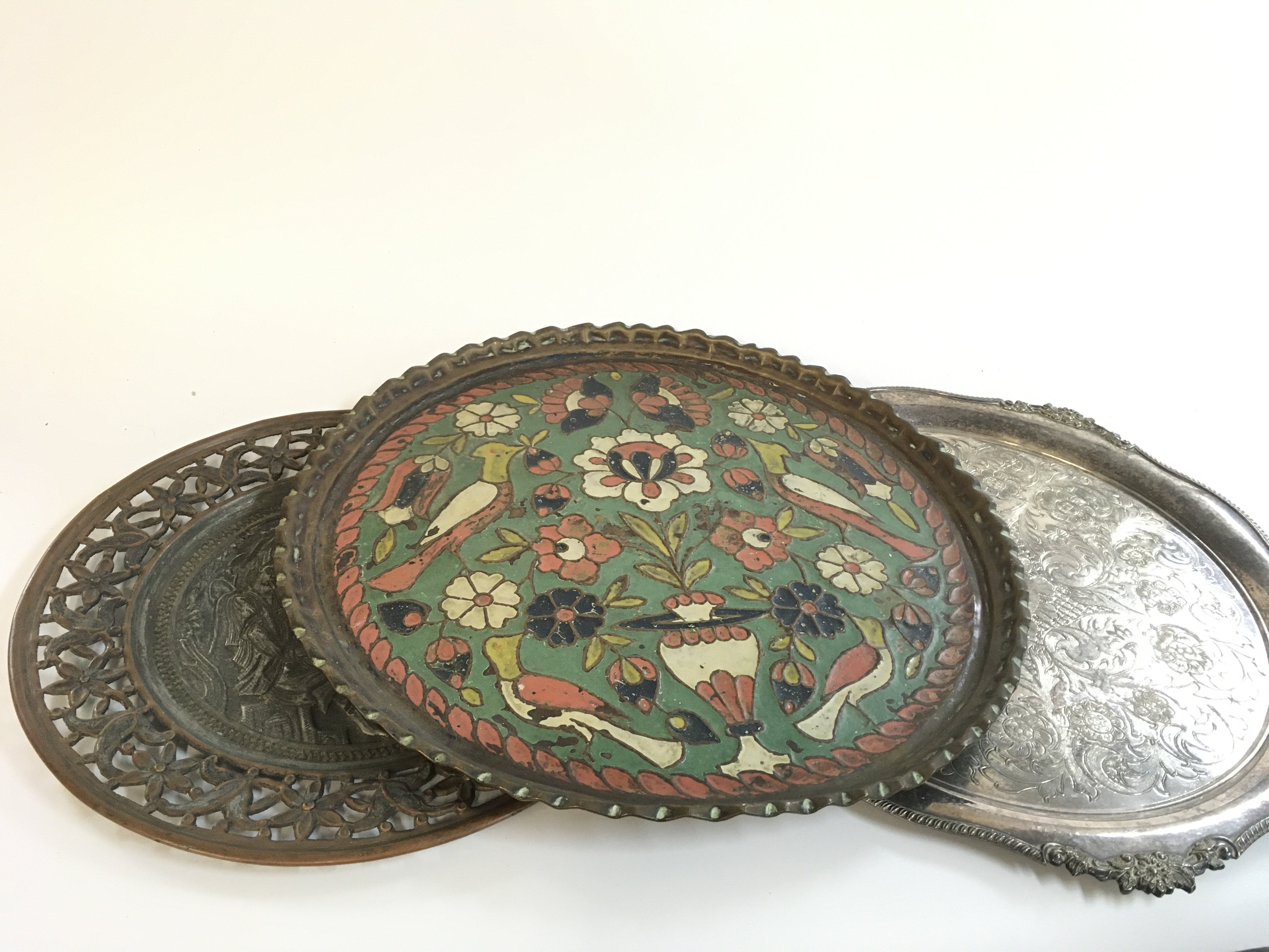 A lot of three metal items including Chrome English Viners of Sheffield silver plated alpha tray, antique pierced Persian plate , copper enamelled tray/plate 15&#2013266057۝ wide. Postage category C