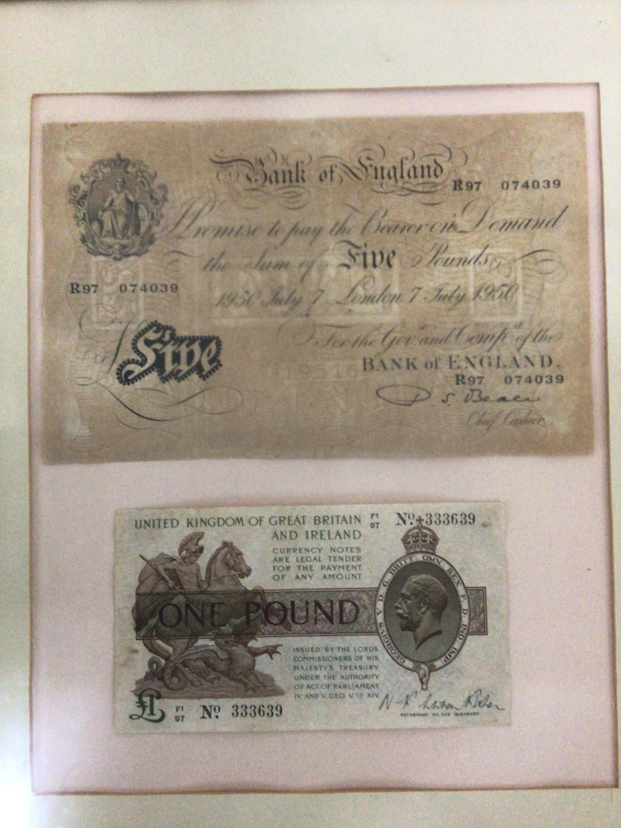 A collection of framed bank notes including sealed frames including a 1950 five pound note date 7/7/1950 and other Elizabeth II bank notes and a Chinese Government bond framed. (5)