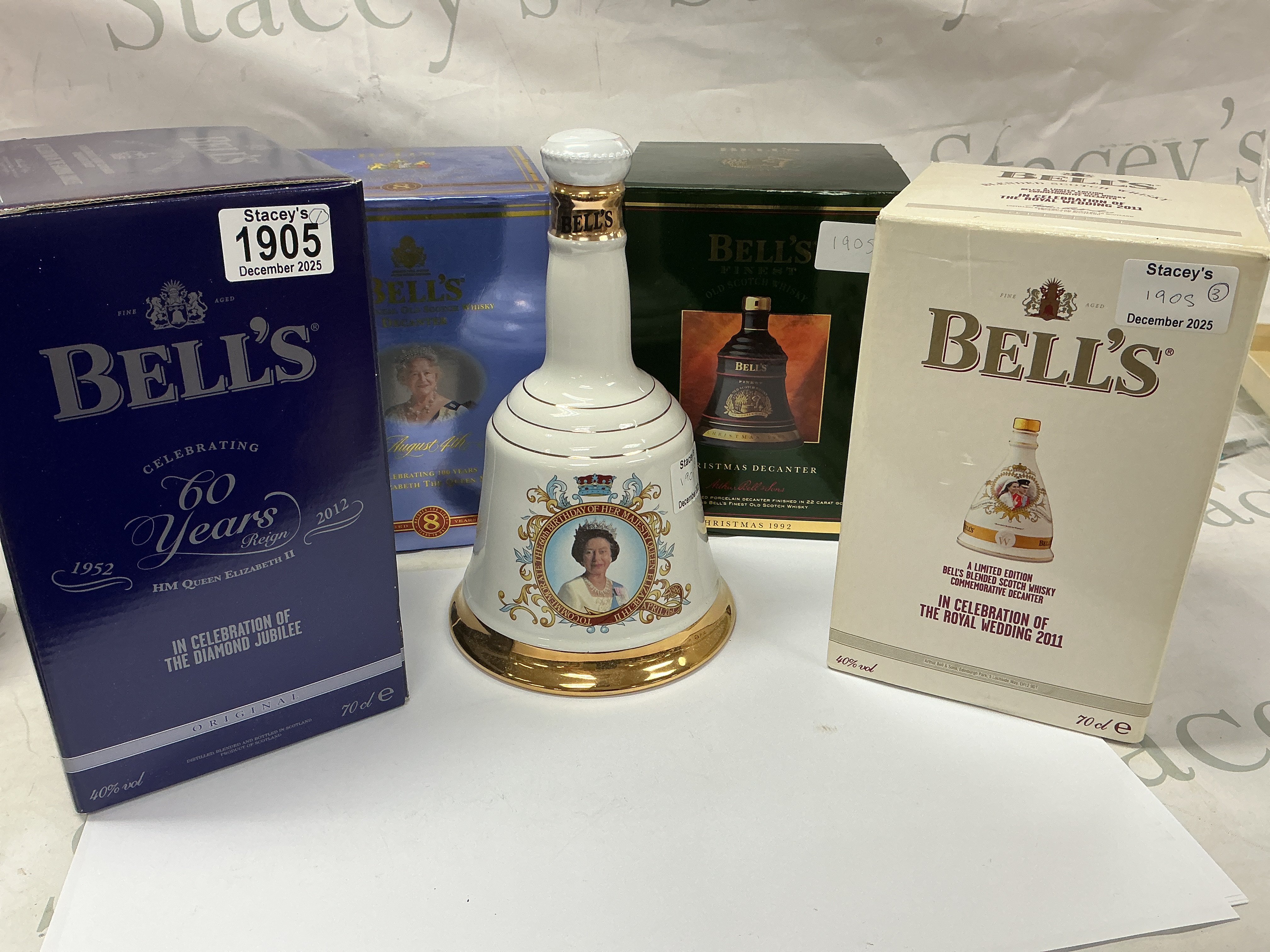 Five bottles of Bell&#2013266057۪s Whiskey. Diamond Jubilee Commemorative 70cl (1). Queen Elizabeth 60th Birthday commemorative 75cl (2). In celebration of the Royal wedding 2011 70cl (3). Celebrating 100 years Queen Elizabeth 70cl (4). Christmas 1992 70cl (5).