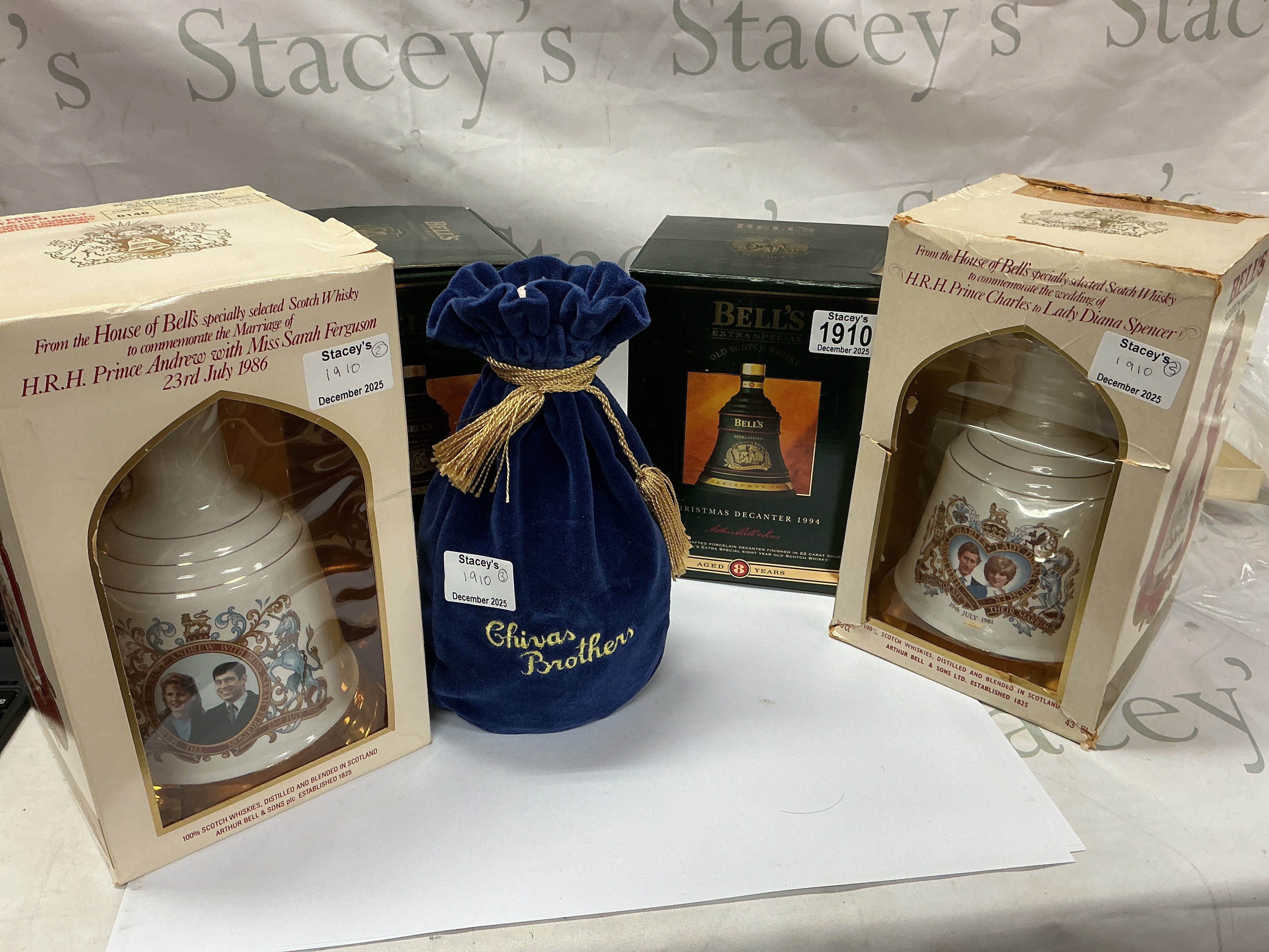 5 bottles of Whiskey. Bell&#2013266057۪s Royal Wedding 1986 Commemorative 75cl. (1). Bell&#2013266057۪s Christmas 1994 (2). Bell&#2013266057۪s Christmas 1993 (3). Bell&#2013266057۪s Royal Wedding Commemorative 1981 75cl (4). Chivas Brothers Royal Salute Whiskey 70cl (5)