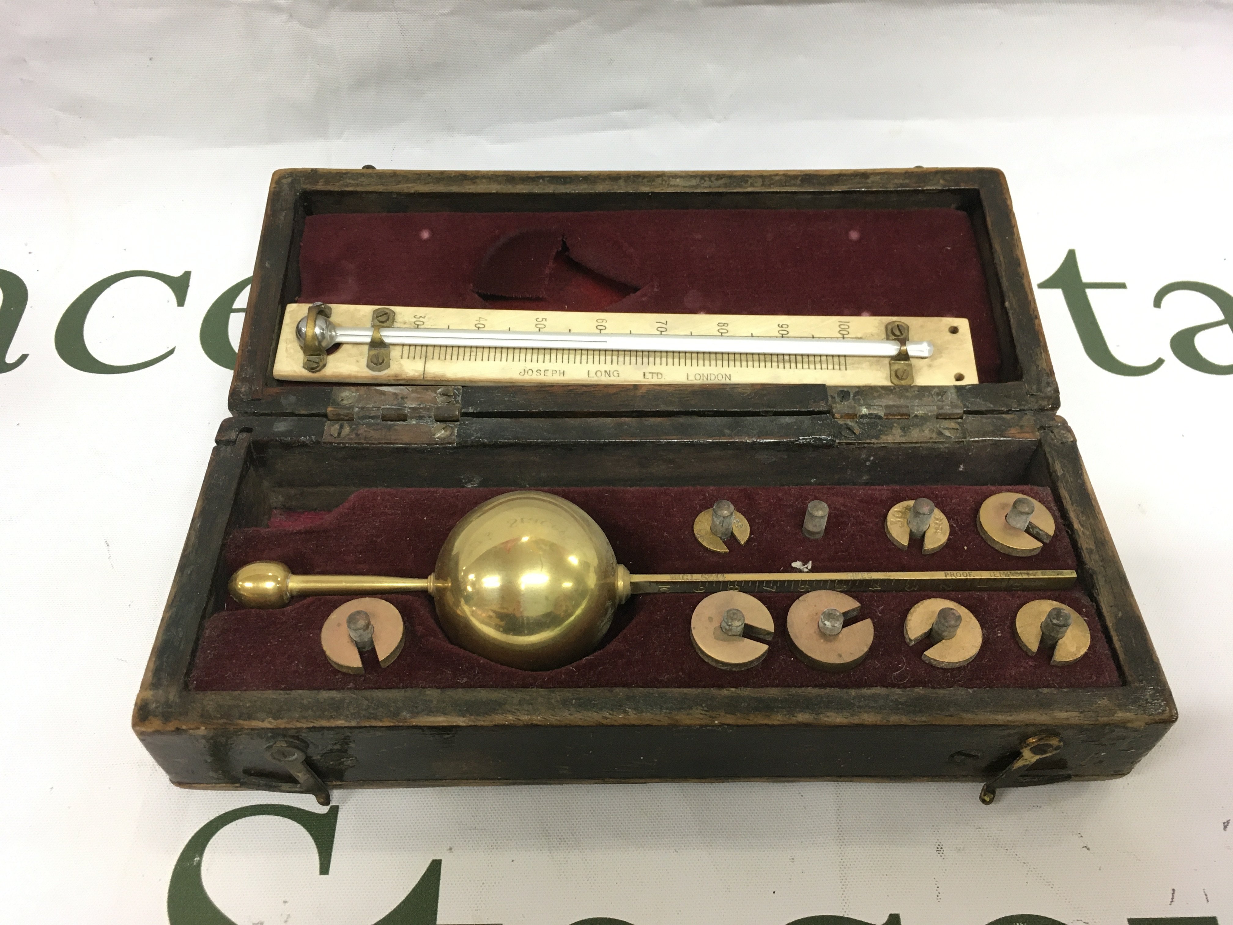 Another cased Sikes Hydrometer by Joseph Long Ltd of London. Shipping category D.