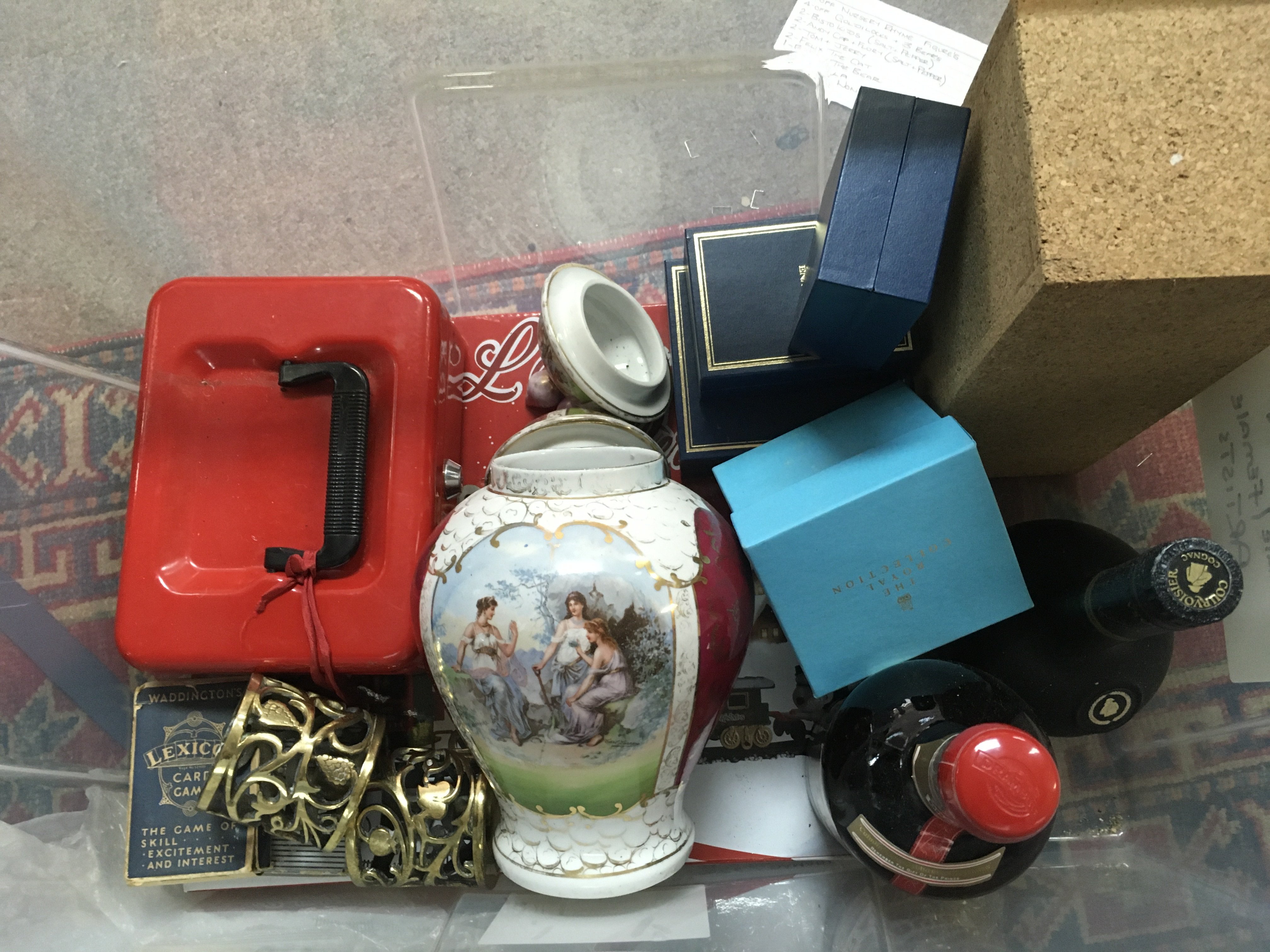 A collection of assorted items including a German classical vase, cash box with key, vintage card games , Courvoisier , Drambuie, Halycon days enamels, Wedgwood thaxted parish church boxed plate.