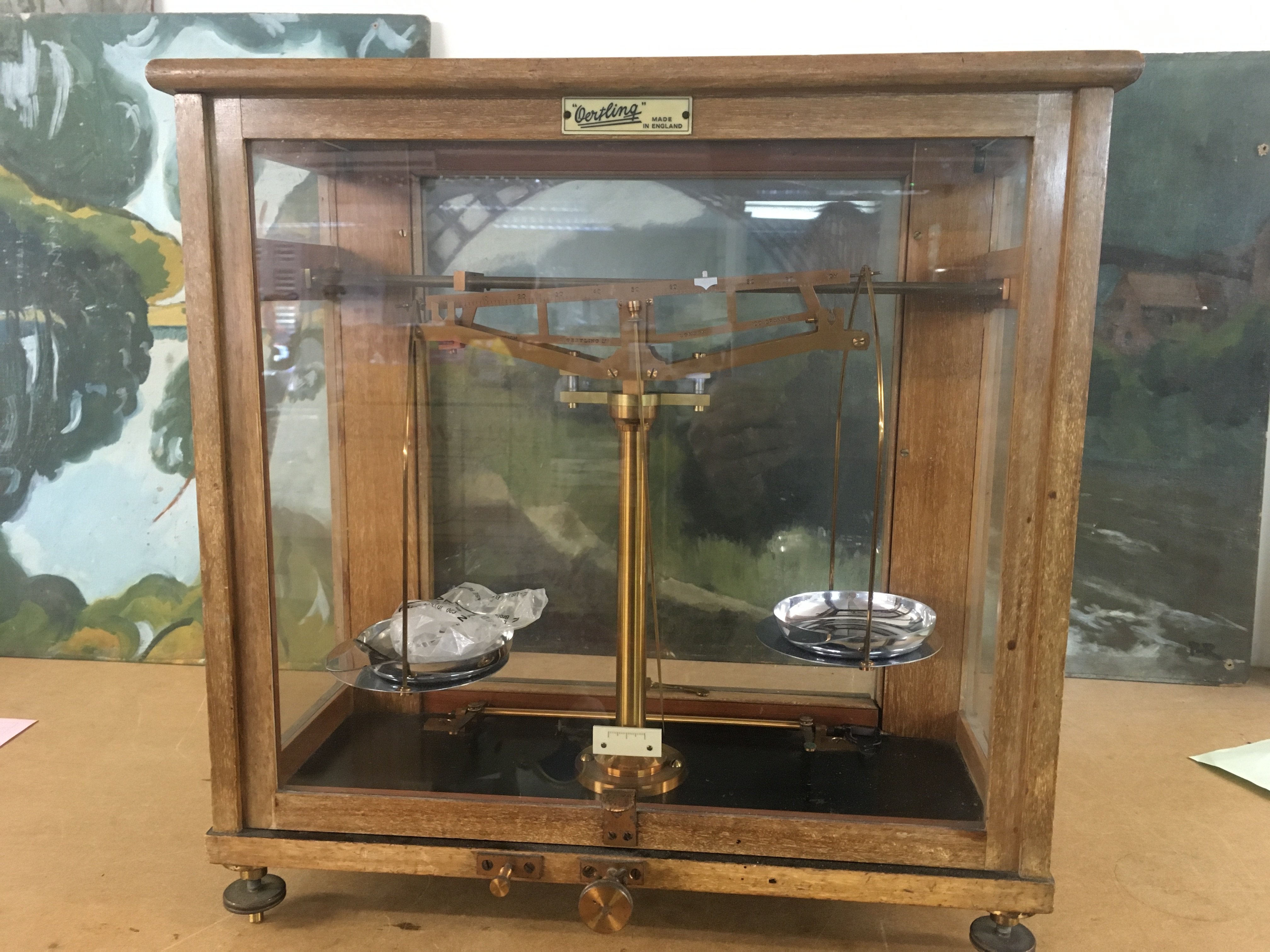 A vintage set of analytical balance scales.