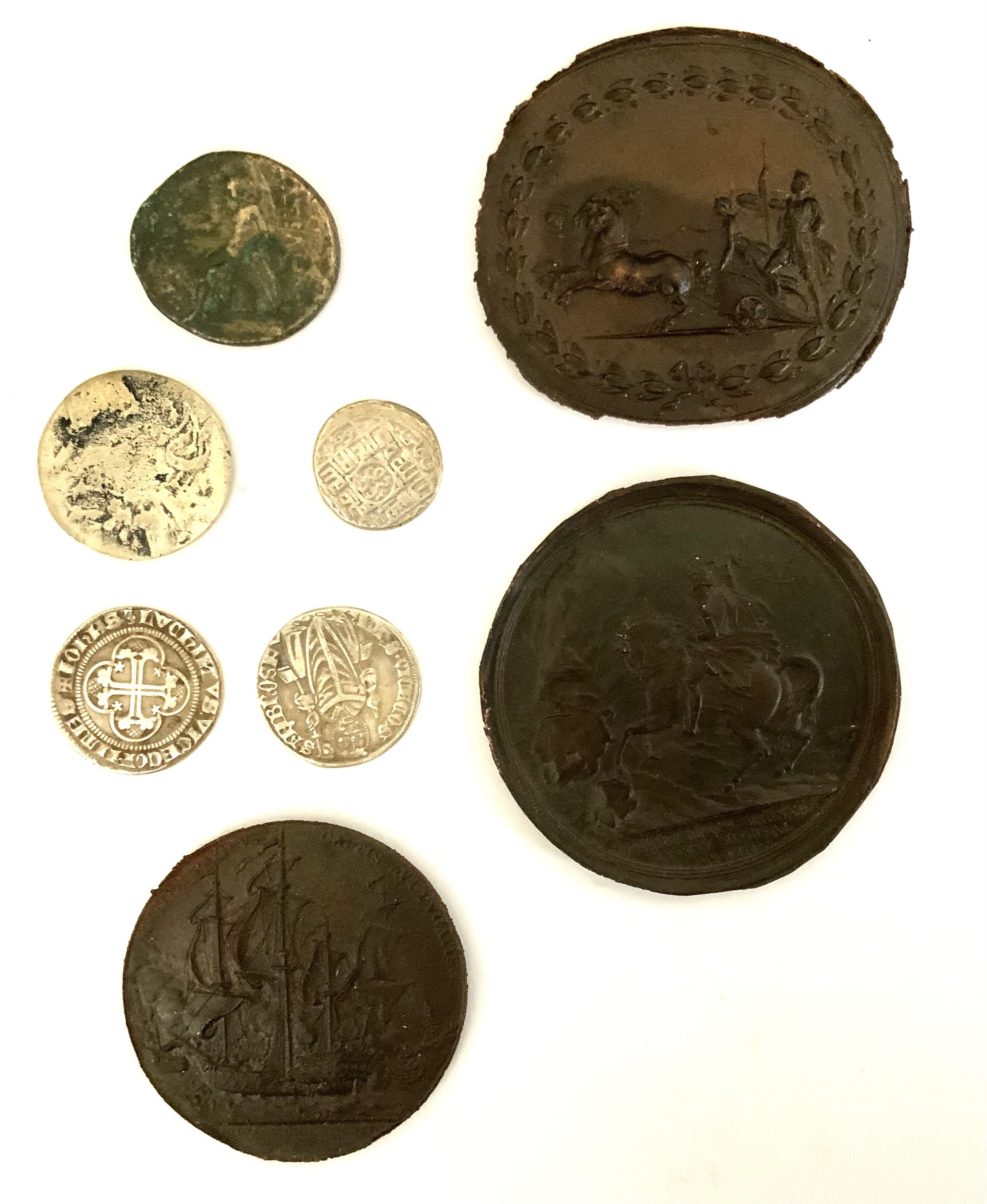 A mixed lot to include copy Italian states coinage, 3 copper panels etc. (A)