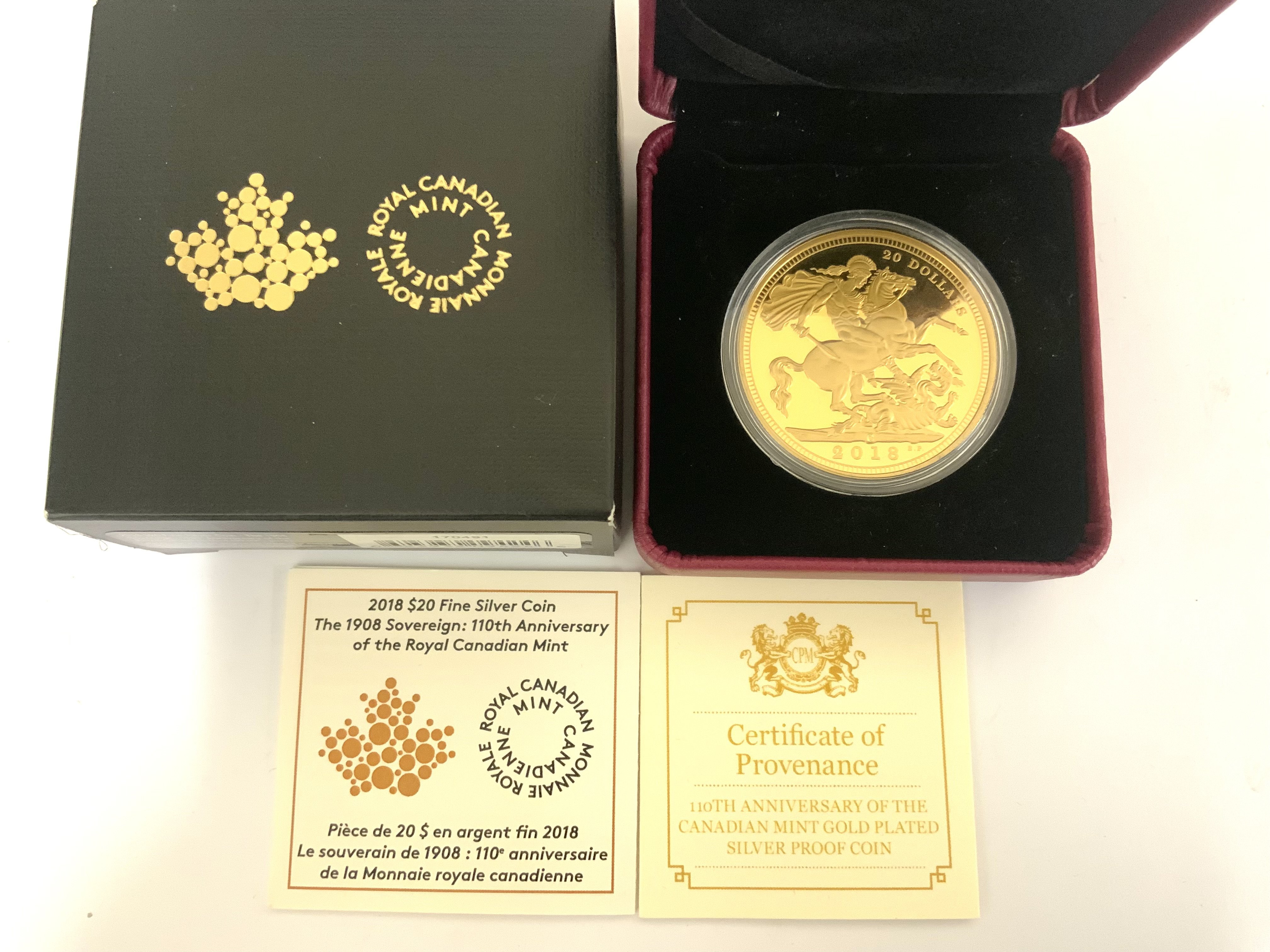 2018 20 Dollar fine silver coin, gold plated RCM Mint. (A)