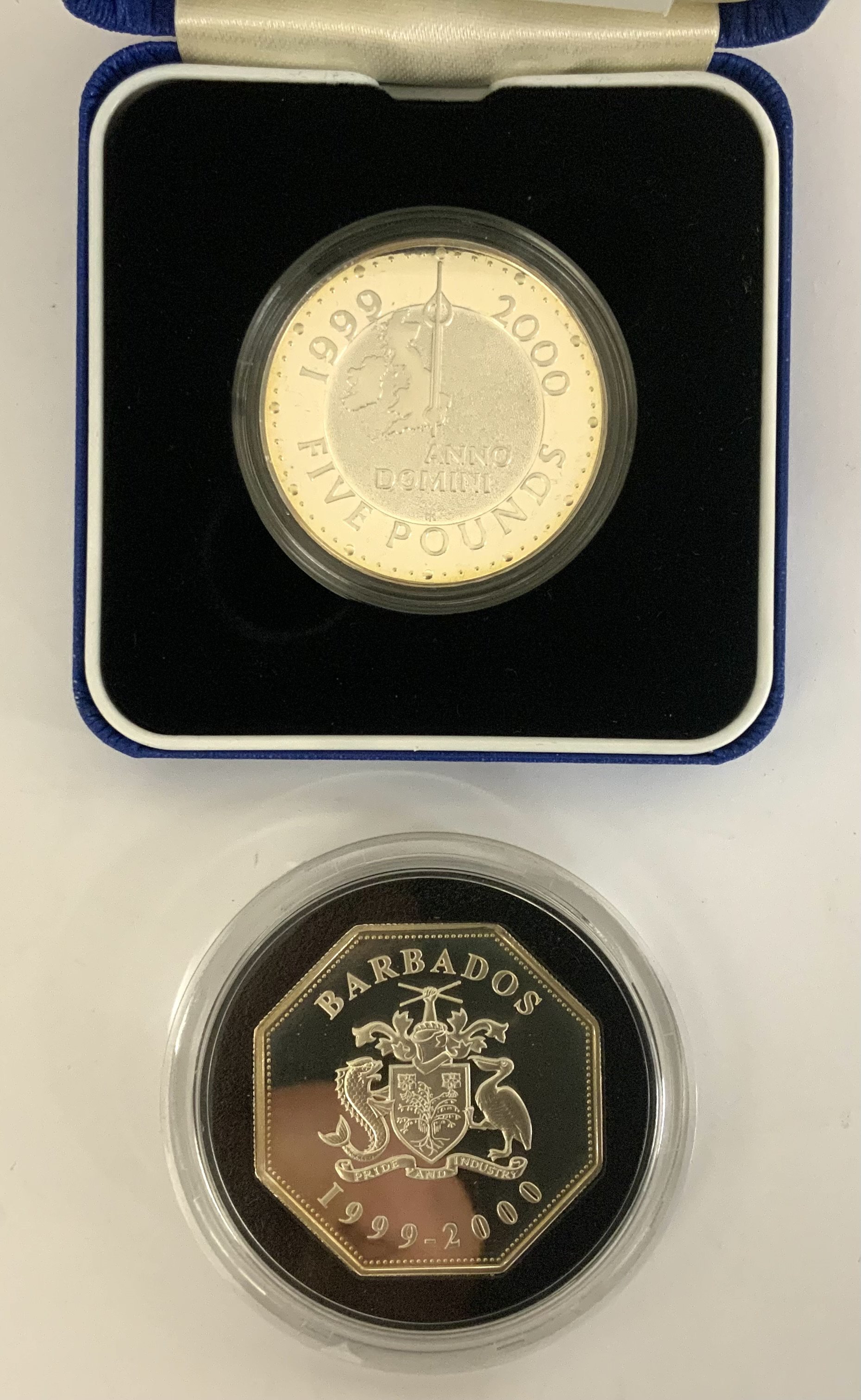 Millenum proof silver five pound coin plus a Barbados 28.2g 1999-2000 Five Dollar coin. 28.2g