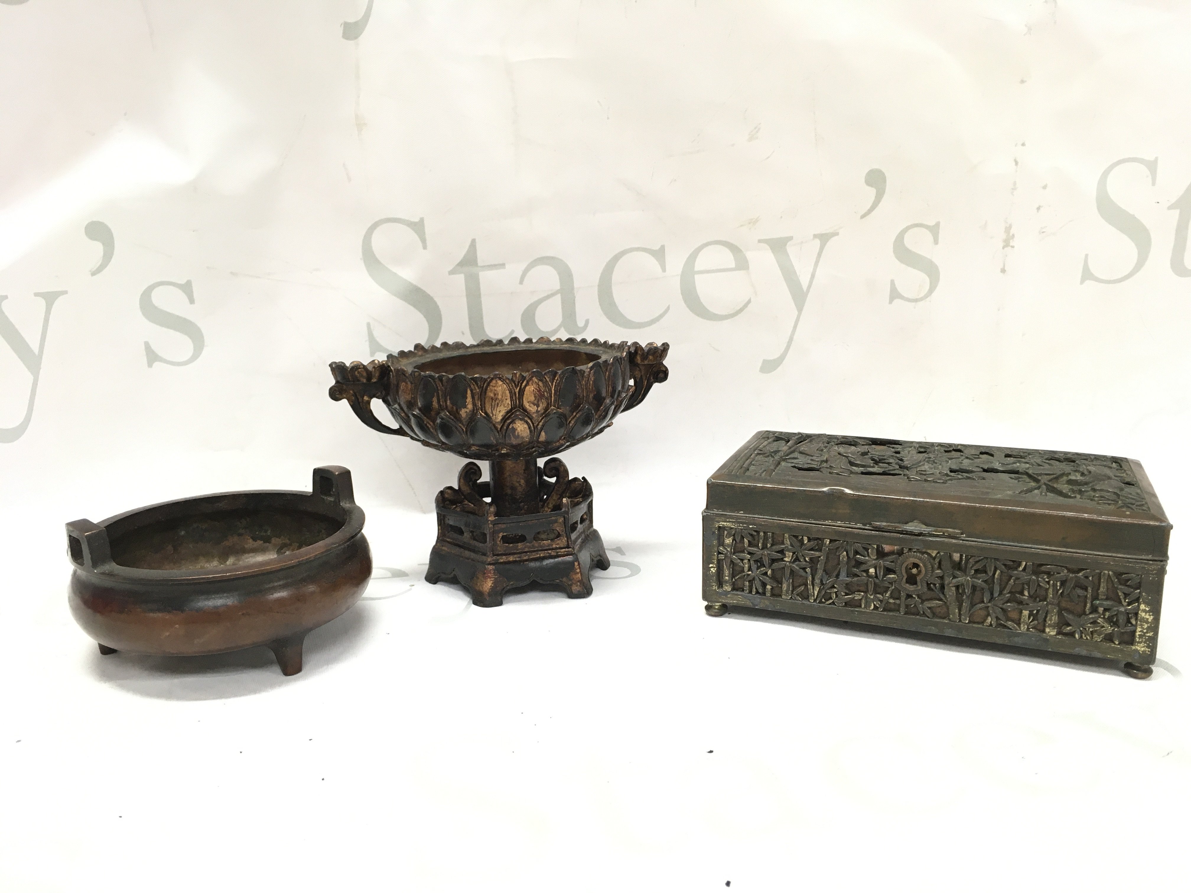 Chinese censer (9.5cm wide), perfume burner (14cm wide, 9cm tall) and a trinket/ jewellery box with a figural and bamboo design (5.5cm tall , 15cm wide) . Postage category B
