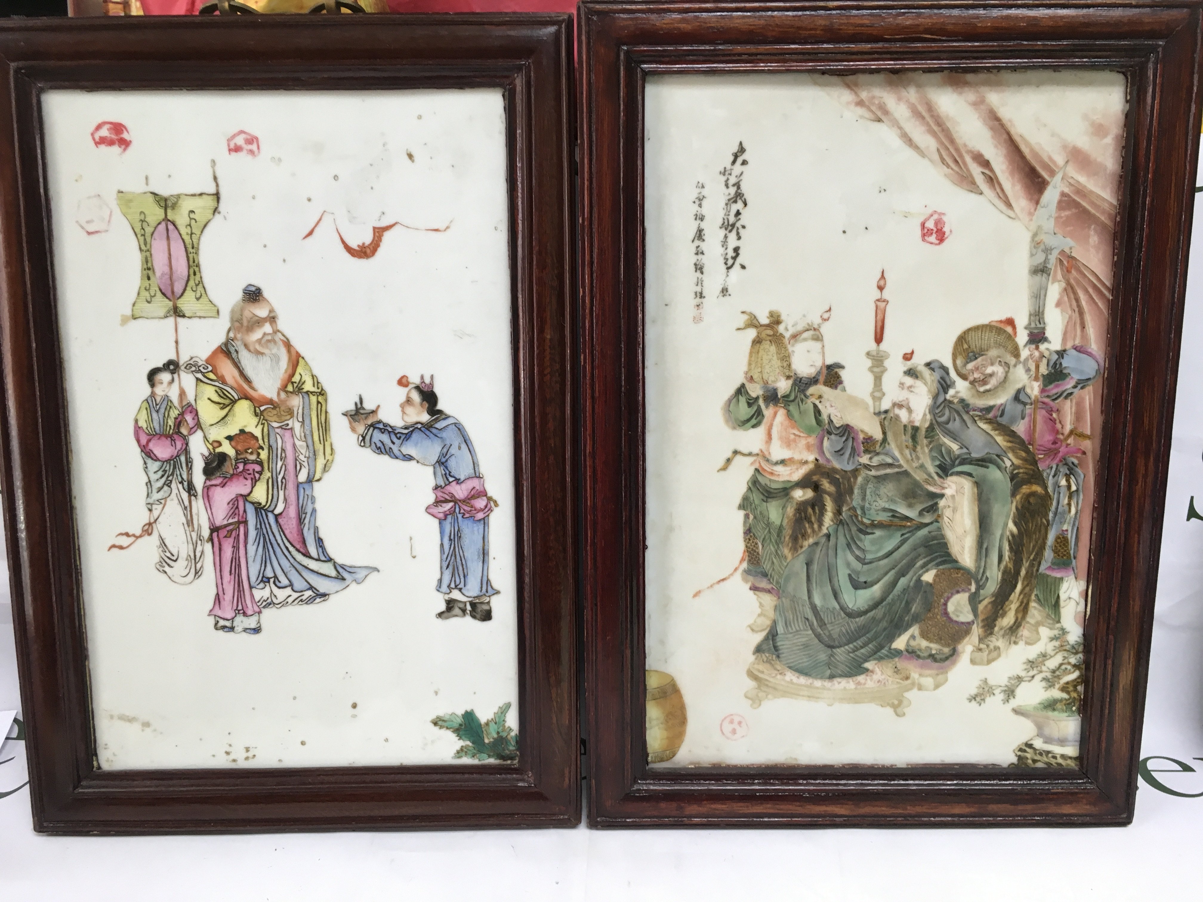 A pair of hand painted Oriental porcelain plaques, approx 31cm x 44.5cm. Shipping category D.