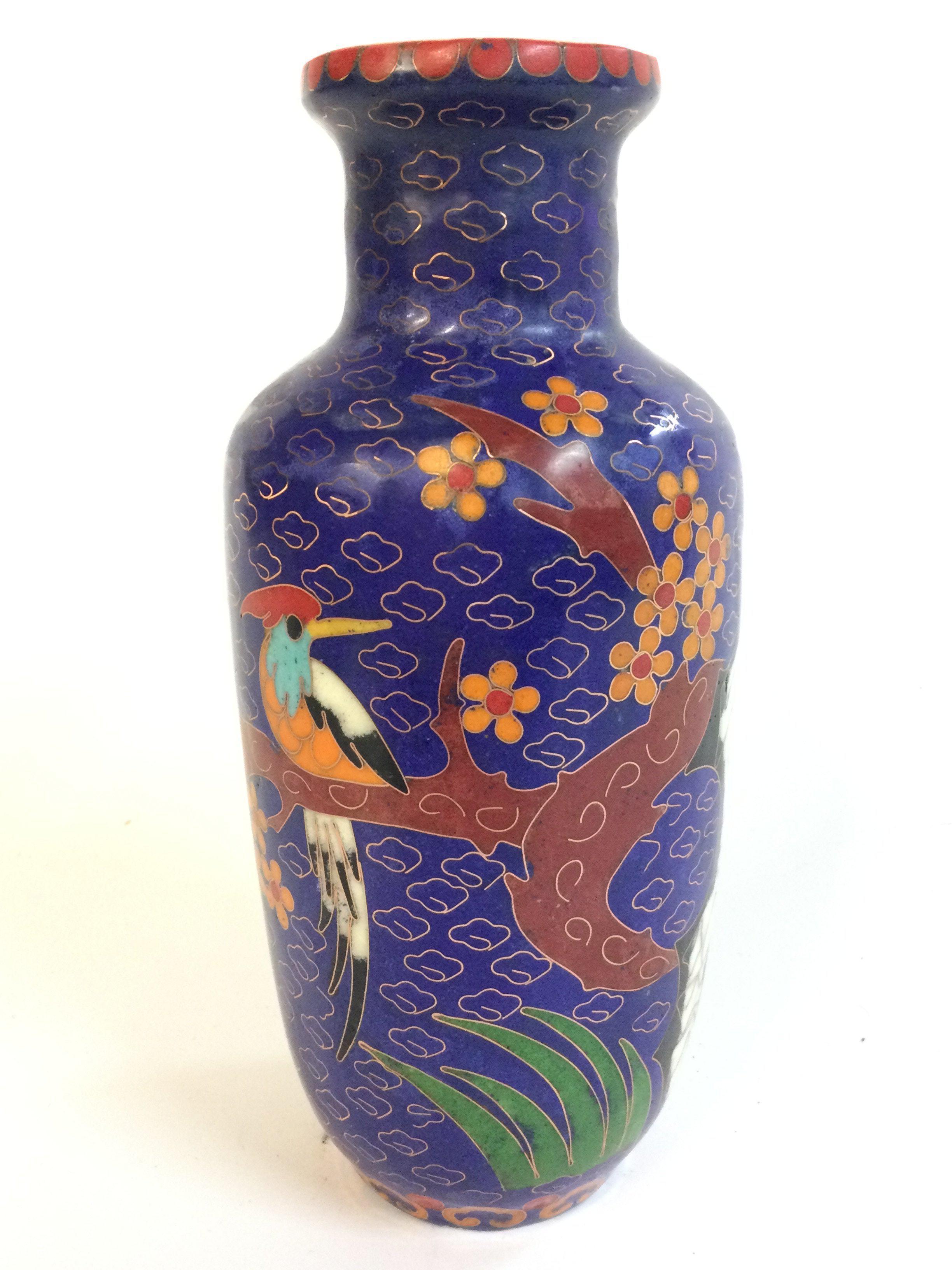 Blue Chinese porcelain cloisonne vase with a six character mark at base. , 20cm tall. Postage category B