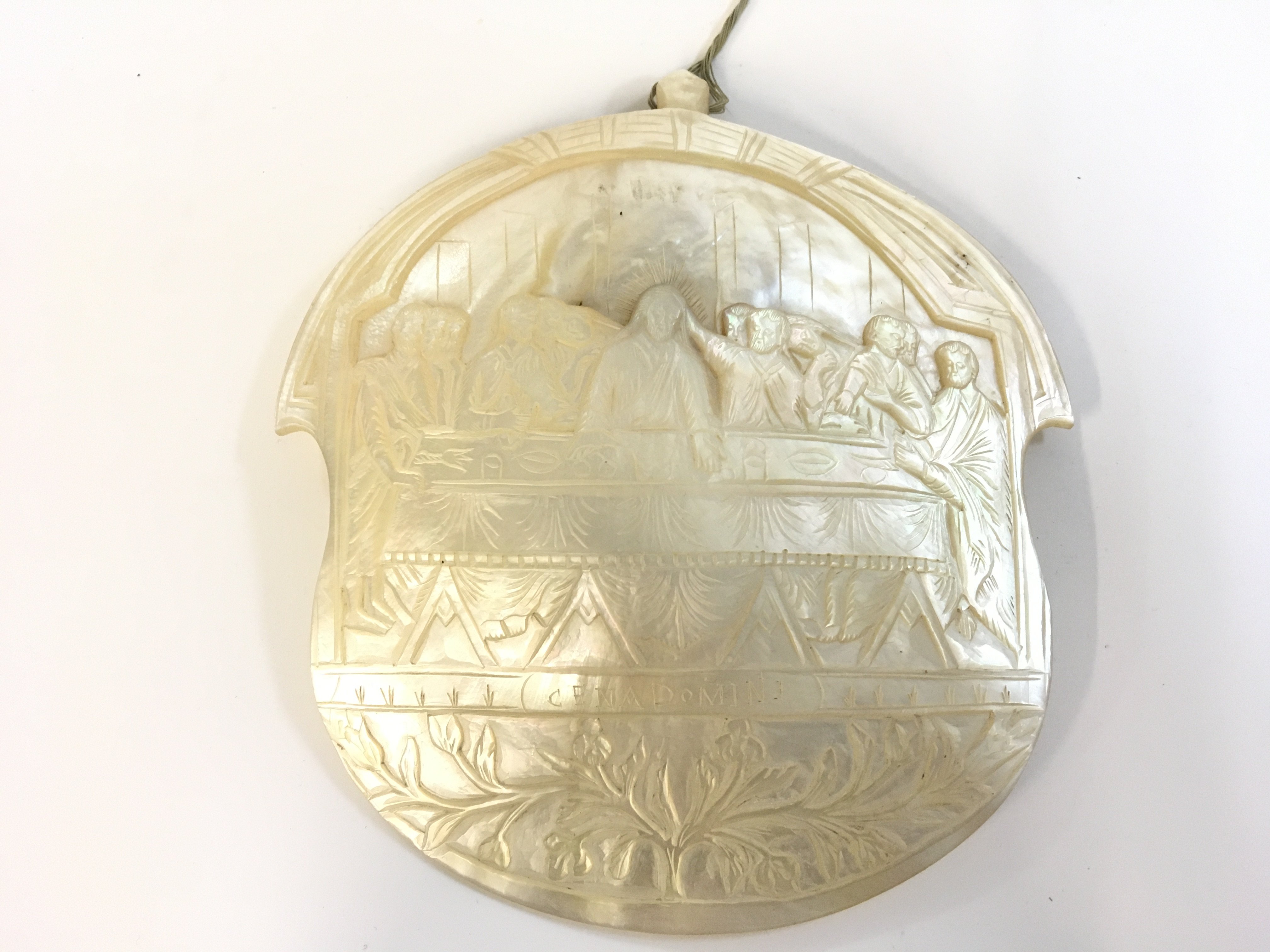 A Chinese Jerusalem large mother of Pearl shell Christ last supper carving . Postage category b