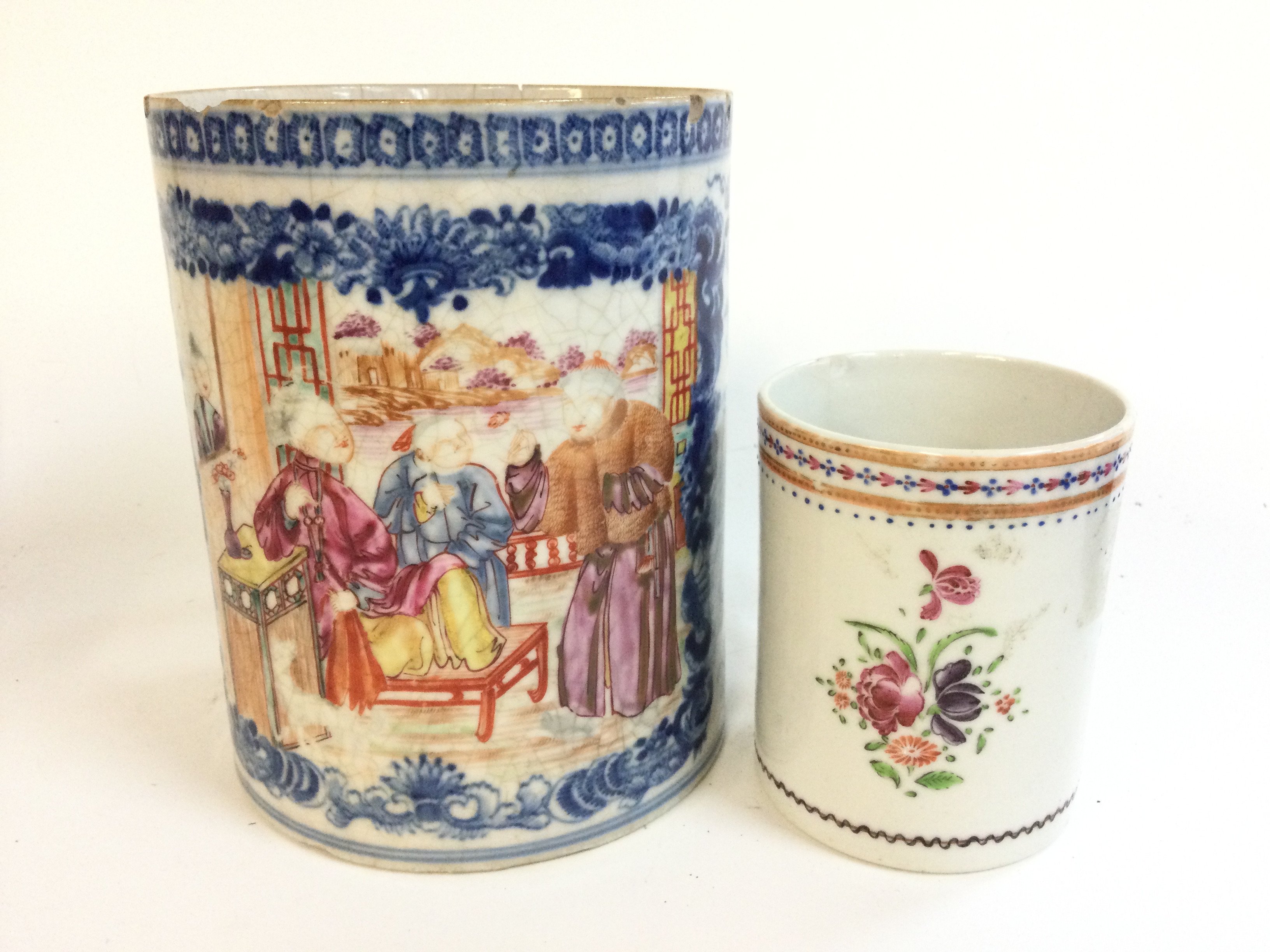 Two Chinese Famille rose porcelain tankards . 9 and 14cm tall.chips and crazing , hairline cracks as seen