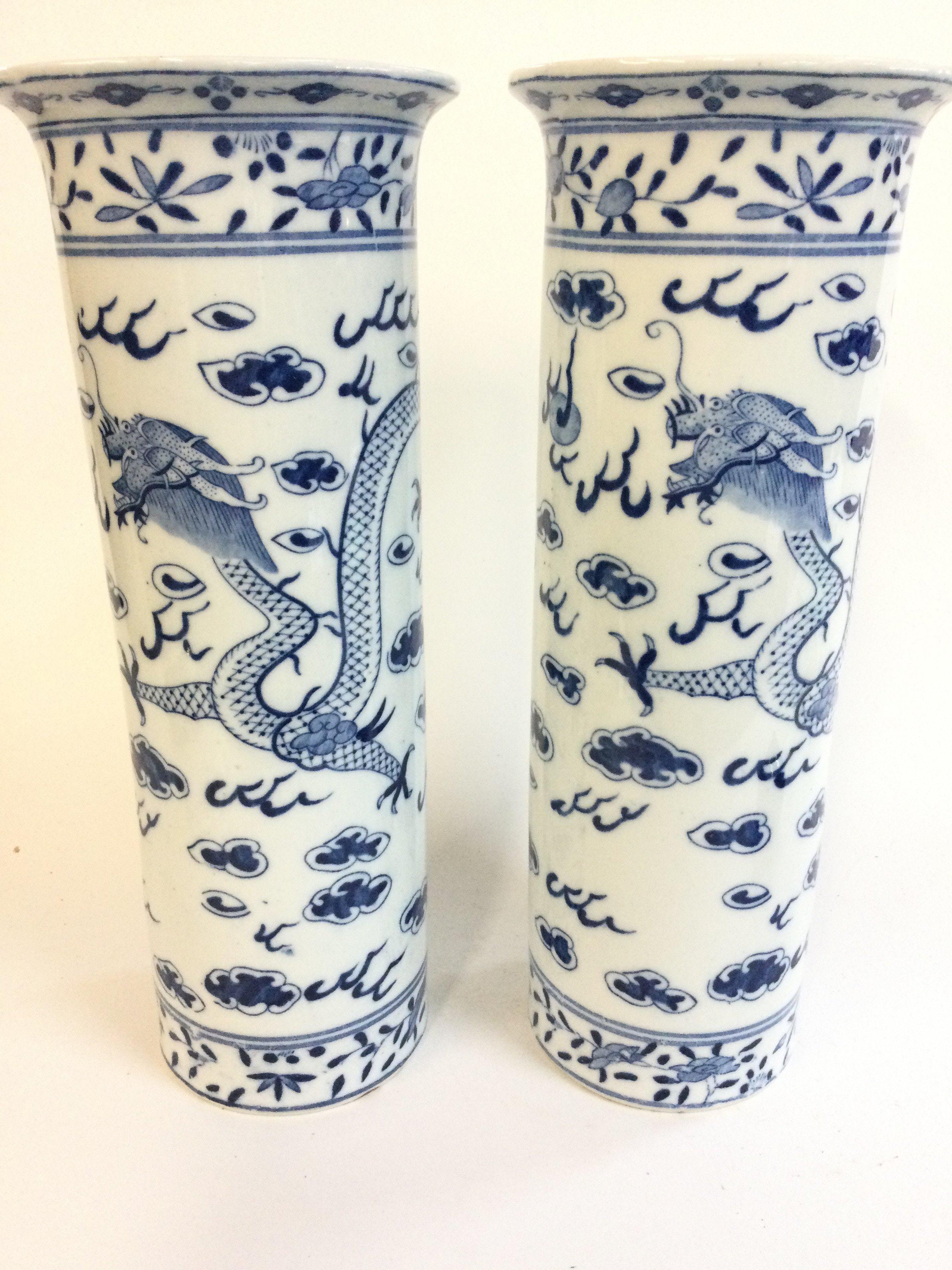 Two Chinese blue and white dragon chasing pearl vases , 30cm tall