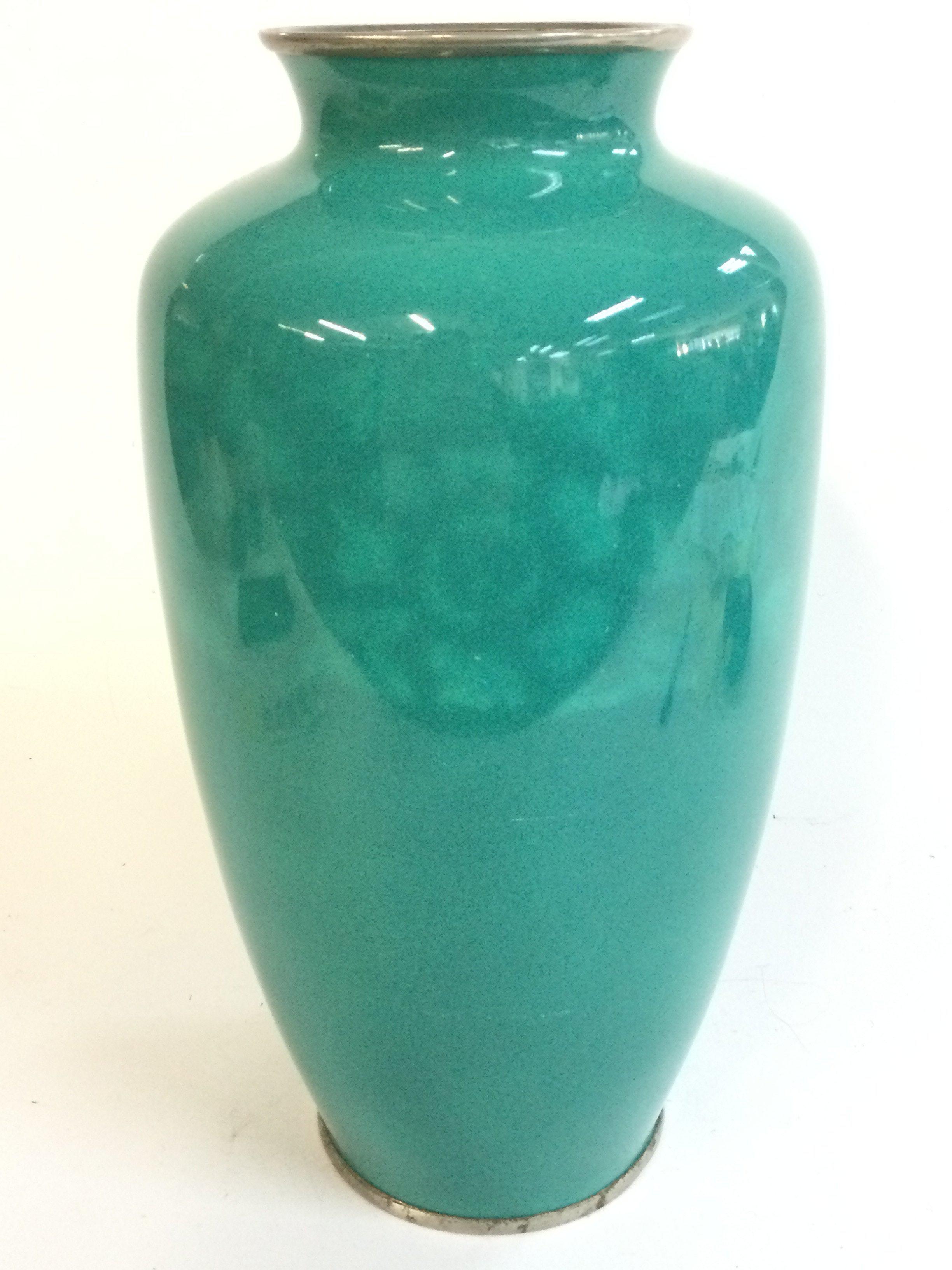 A Japanese Ando Jubei Enamel turquoise green vase , 25cm tall.
