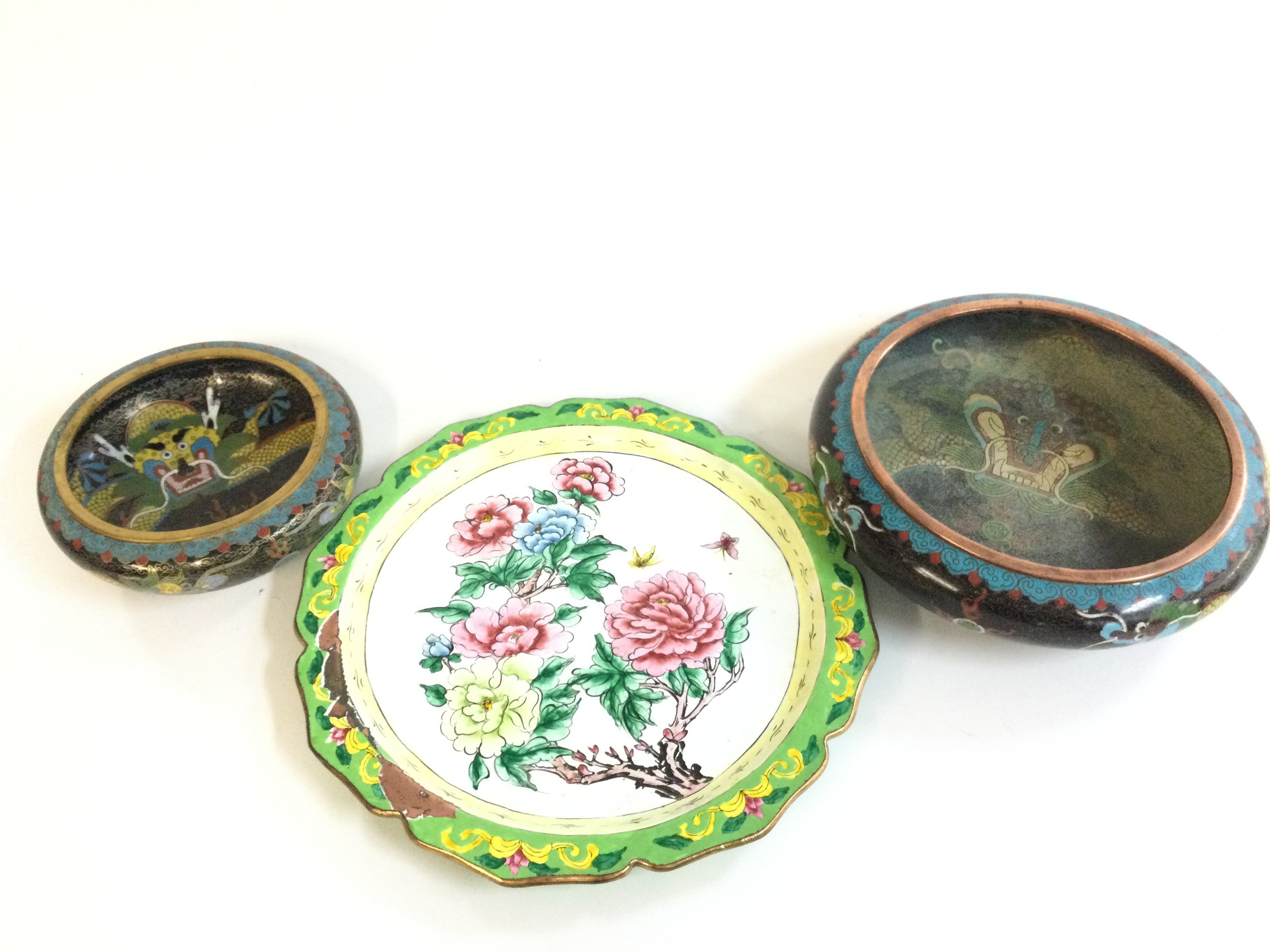 Two Chinese cloisonne enamel bowls, one signed and Chinese cloisonne plate . 15, 25 and 22cm wide. Postage category C