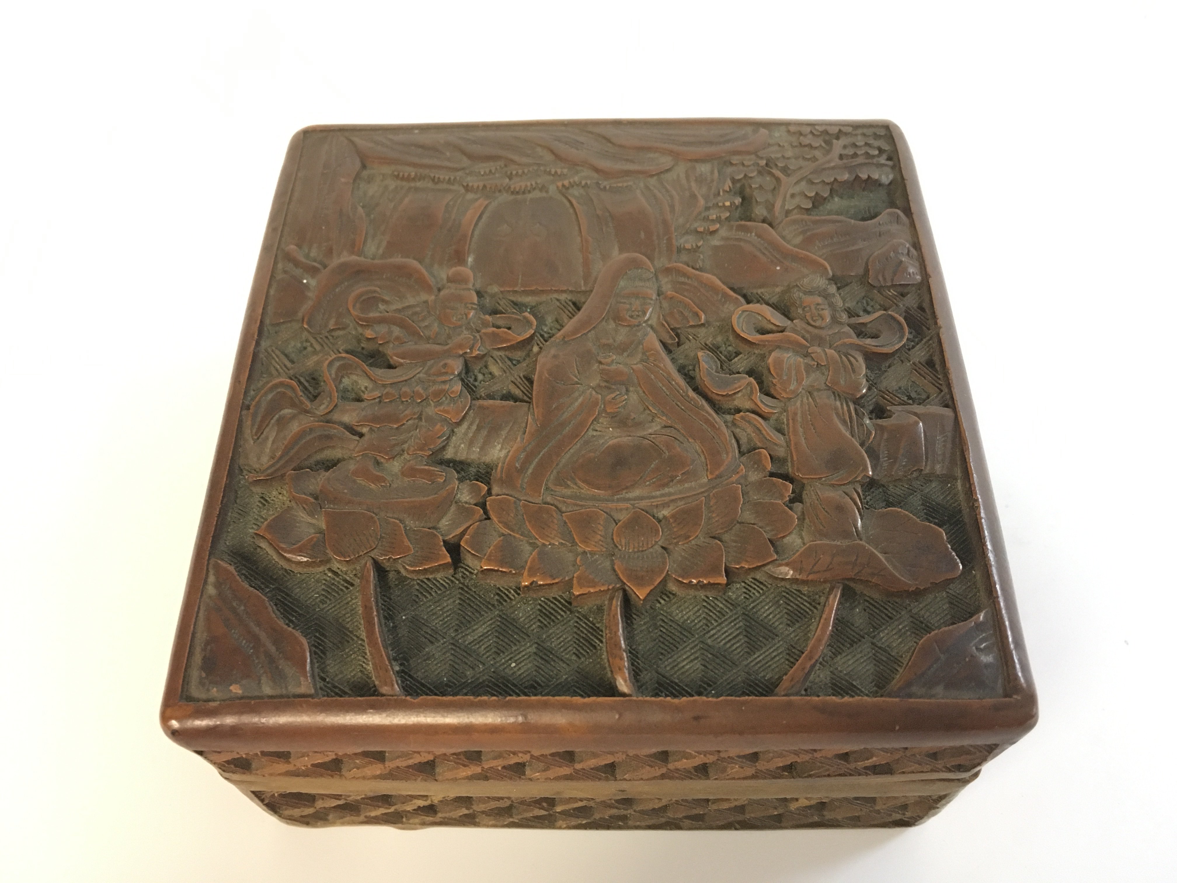 A Chinese red cinnabar box , 6cm tall 11cm wide . Postage category B